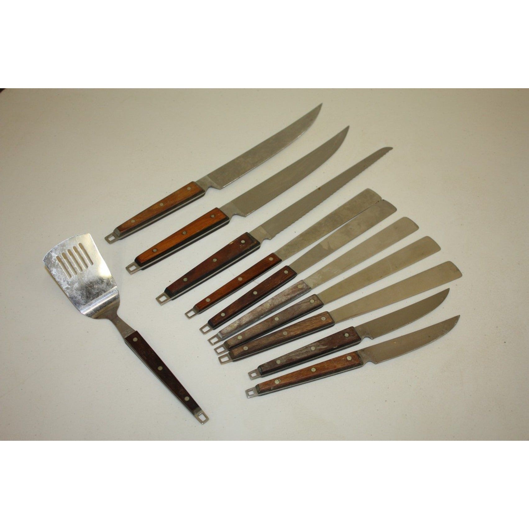 Lot of 11 Vintage EKCO MCM Stainless Steel Kitchen Knives & Utensils Wood Handles