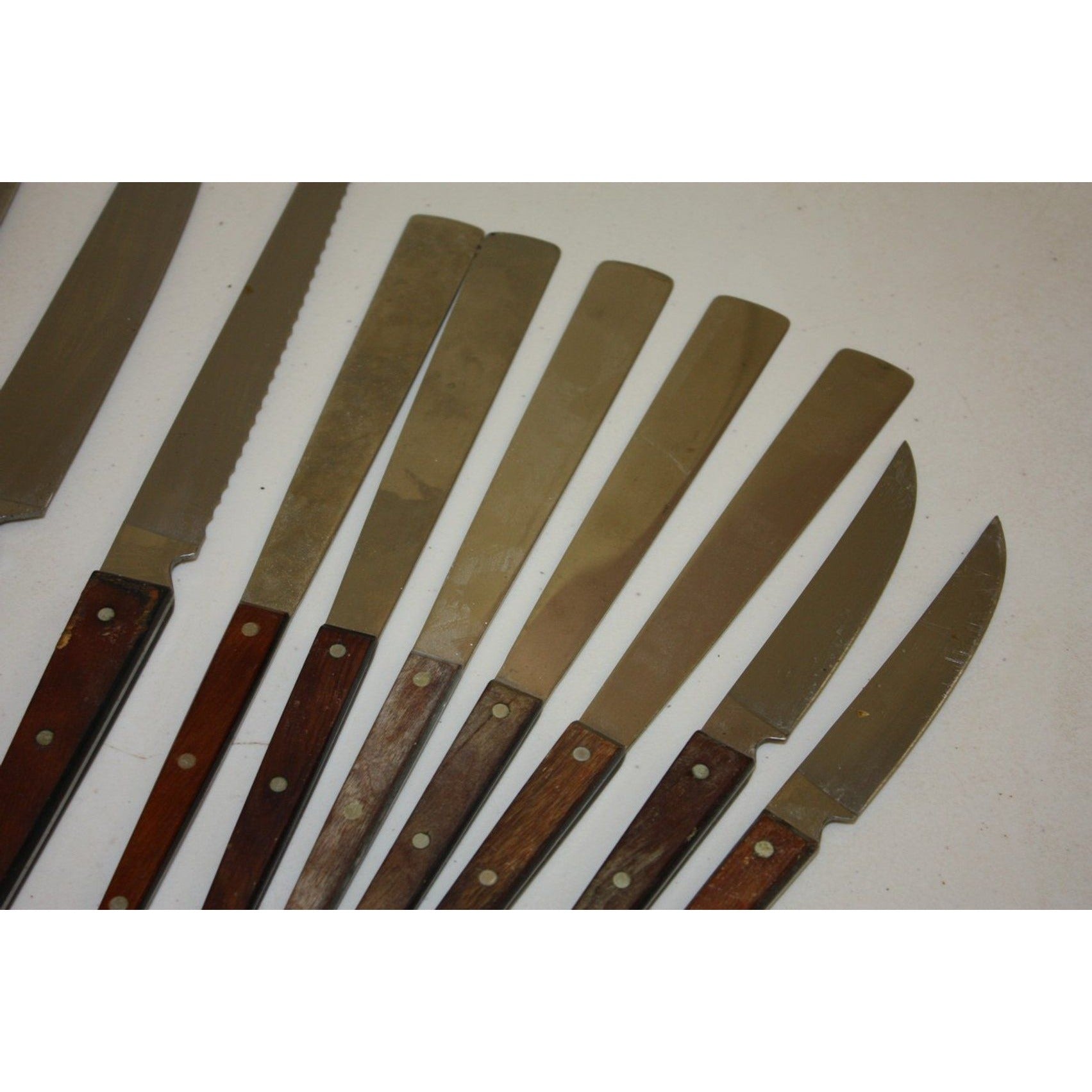 Lot of 11 Vintage EKCO MCM Stainless Steel Kitchen Knives & Utensils Wood Handles