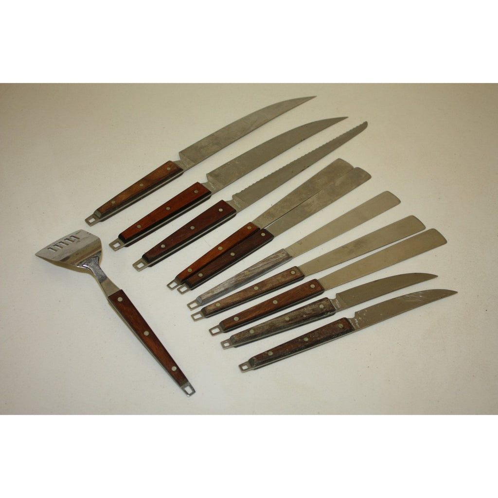 Lot of 11 Vintage EKCO MCM Stainless Steel Kitchen Knives & Utensils Wood Handles