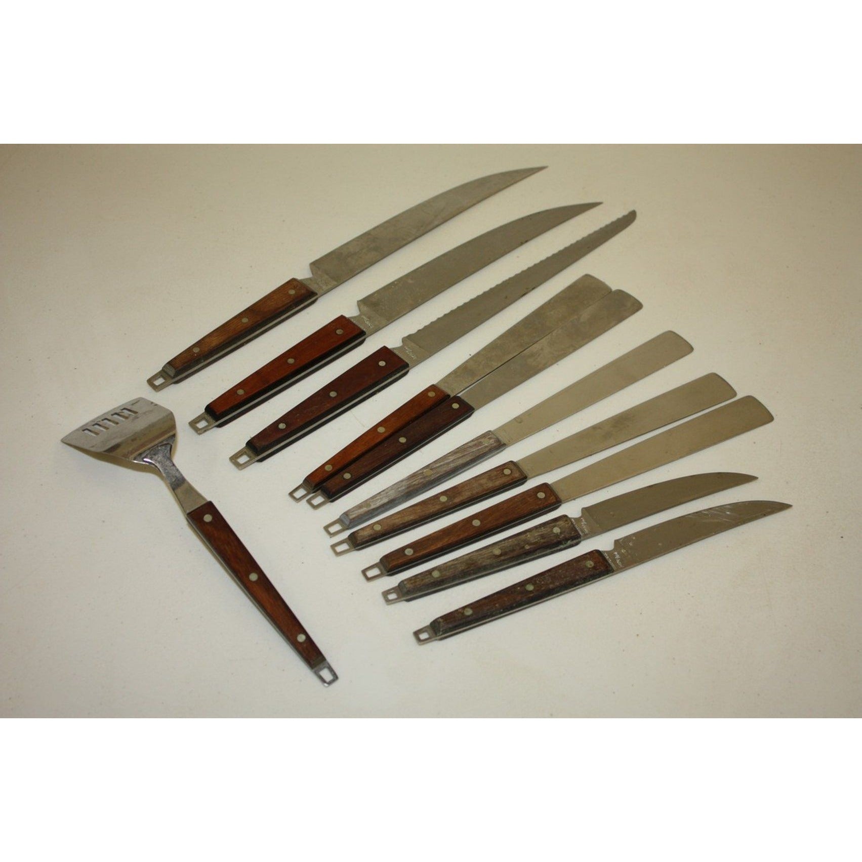 Lot of 11 Vintage EKCO MCM Stainless Steel Kitchen Knives & Utensils Wood Handles