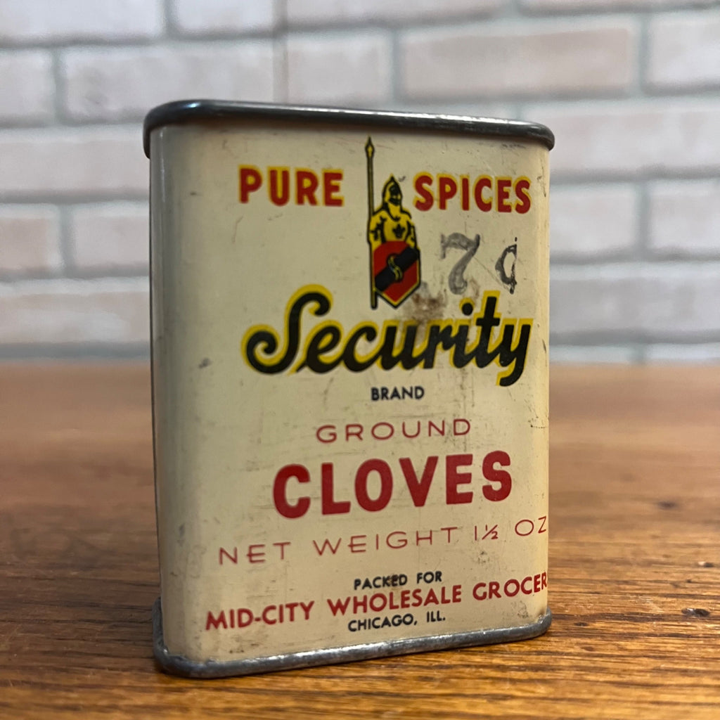 Vintage Security Brand Cloves Mid-City Grocers Chicago IL Spice Tin Kitchen