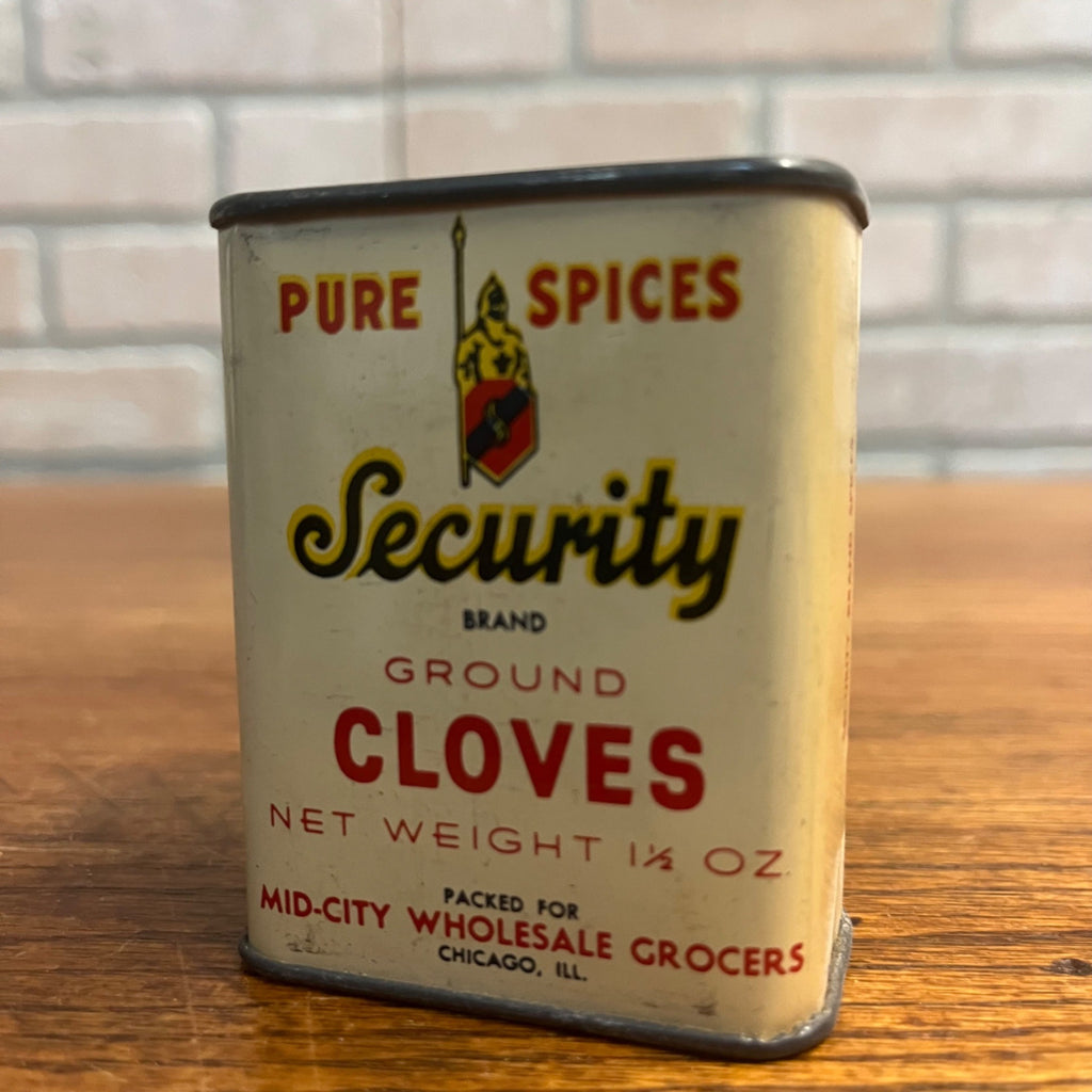 Vintage Security Brand Cloves Mid-City Grocers Chicago IL Spice Tin Kitchen