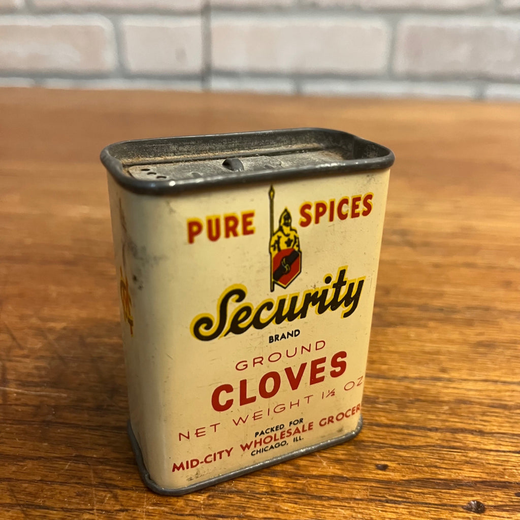 Vintage Security Brand Cloves Mid-City Grocers Chicago IL Spice Tin Kitchen