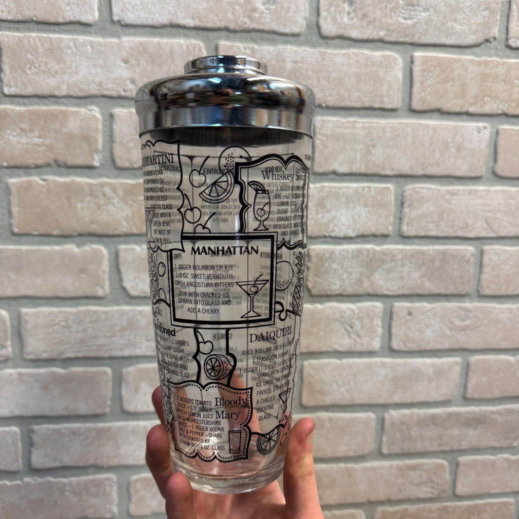 Vintage 1960s MCM Mid-Century Modern Black & White Recipe Glass Cocktail Shaker