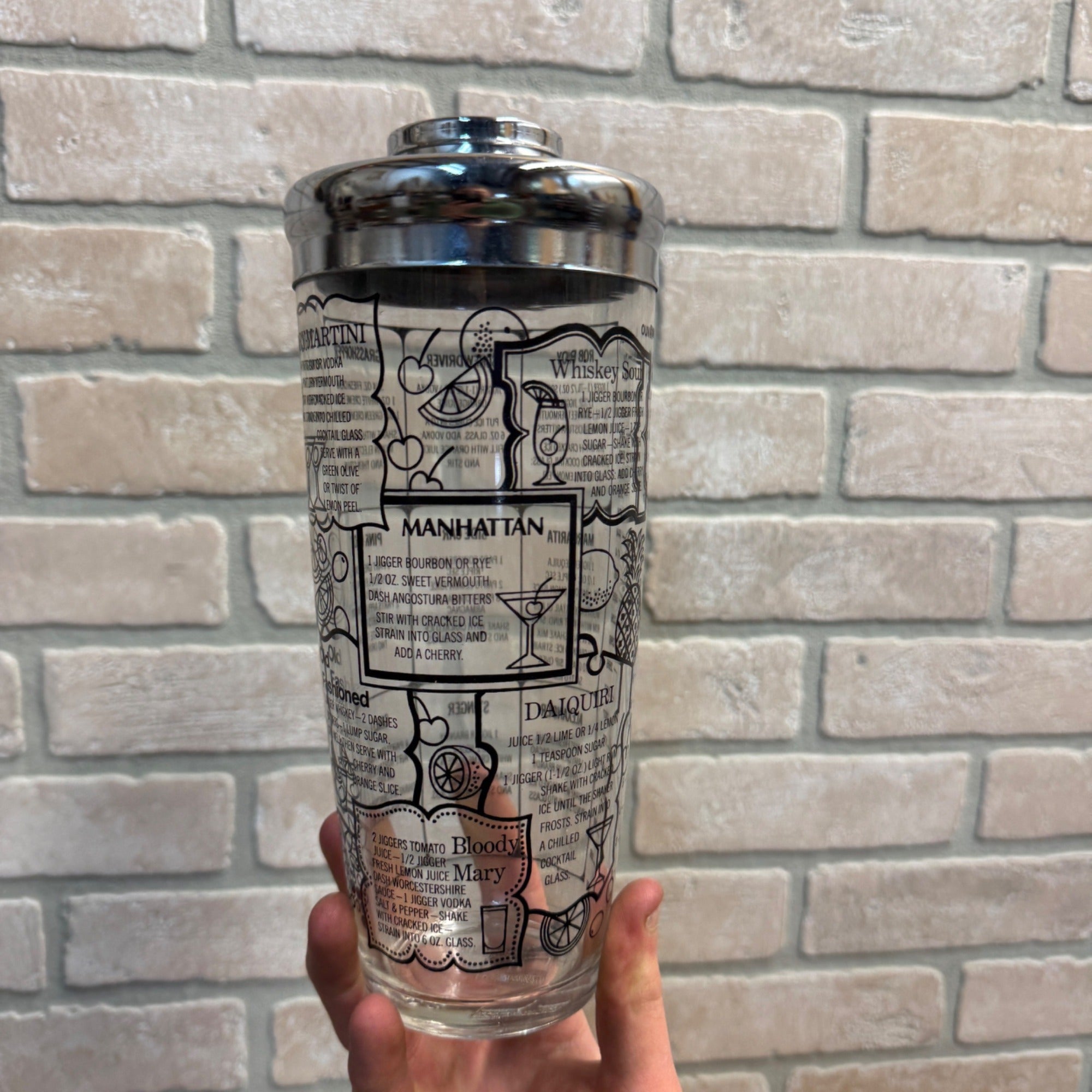 Vintage 1960s MCM Mid-Century Modern Black & White Recipe Glass Cocktail Shaker