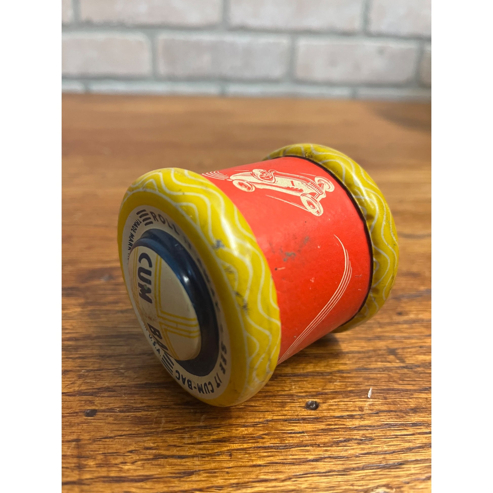 Vintage Tin Litho CUM-BAC toy "Roll it Away See it Cum-Bac" Rae Car Toy