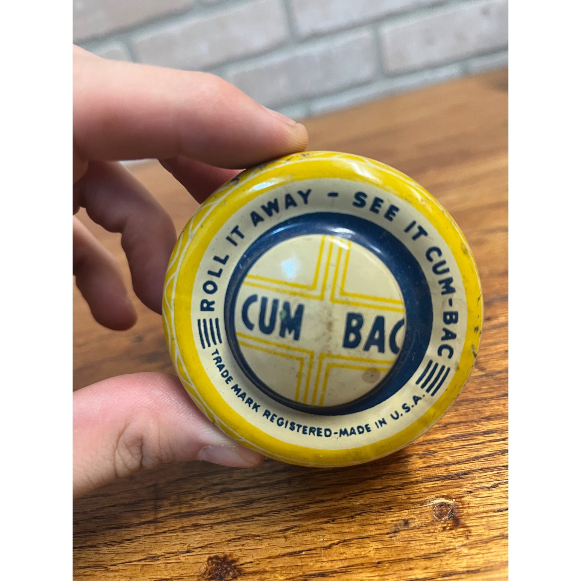 Vintage Tin Litho CUM-BAC toy "Roll it Away See it Cum-Bac" Rae Car Toy