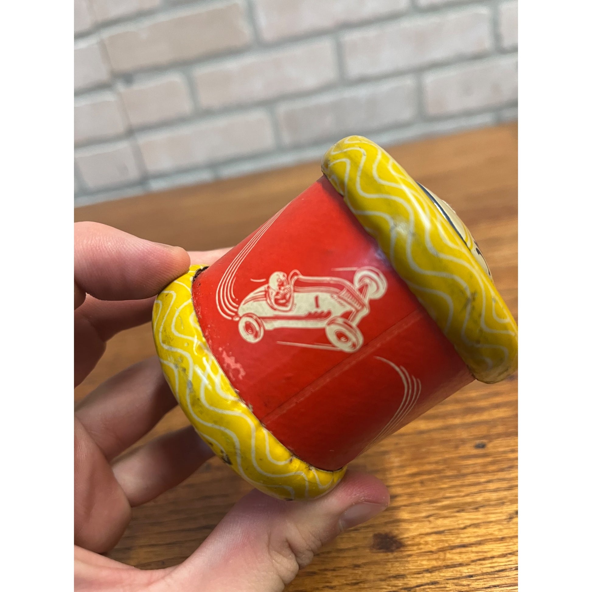 Vintage Tin Litho CUM-BAC toy "Roll it Away See it Cum-Bac" Rae Car Toy