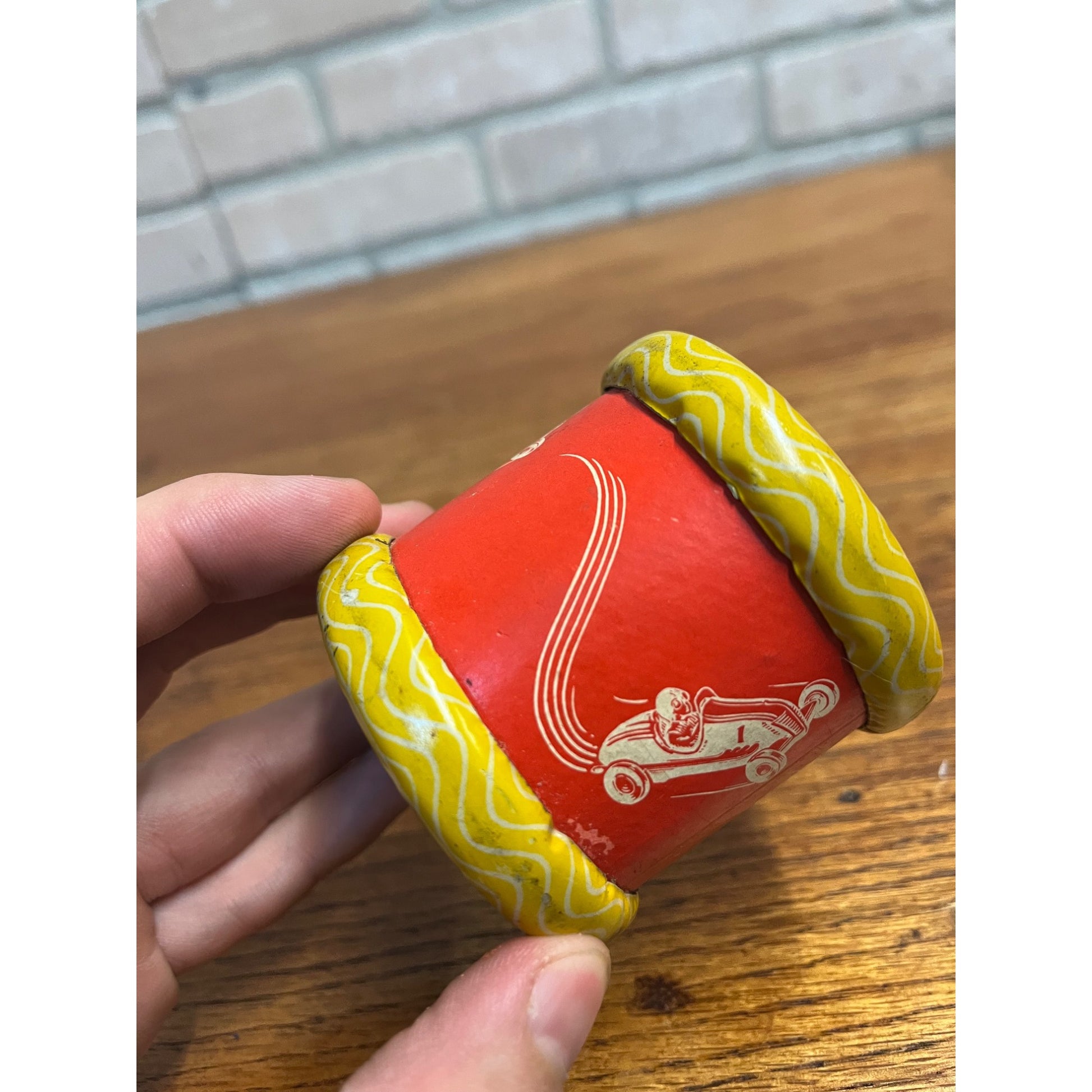 Vintage Tin Litho CUM-BAC toy "Roll it Away See it Cum-Bac" Rae Car Toy