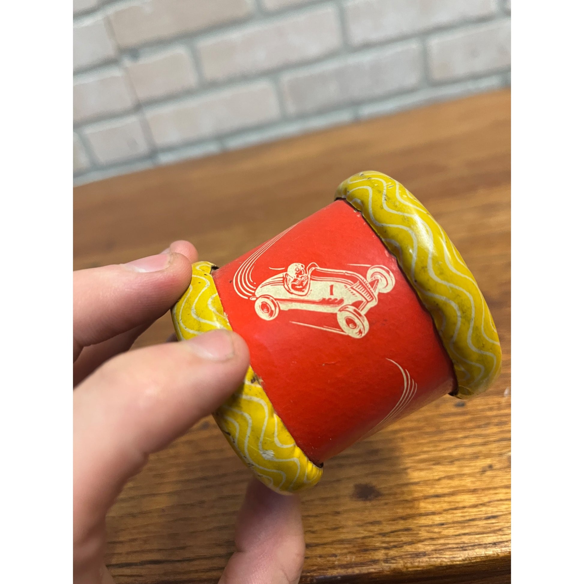 Vintage Tin Litho CUM-BAC toy "Roll it Away See it Cum-Bac" Rae Car Toy