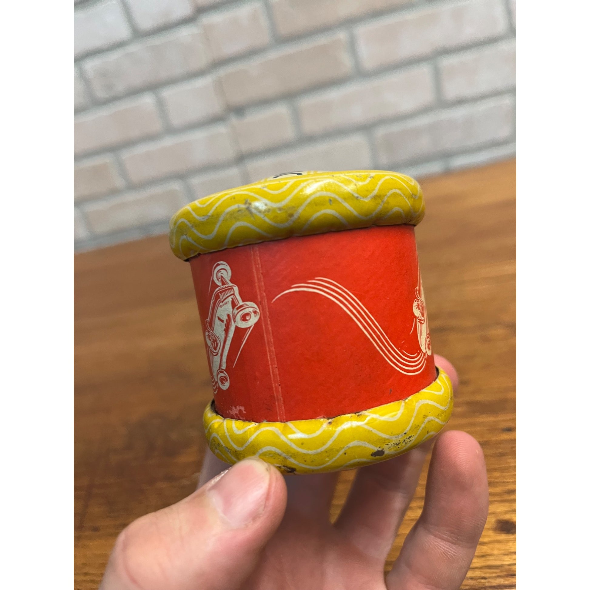 Vintage Tin Litho CUM-BAC toy "Roll it Away See it Cum-Bac" Rae Car Toy