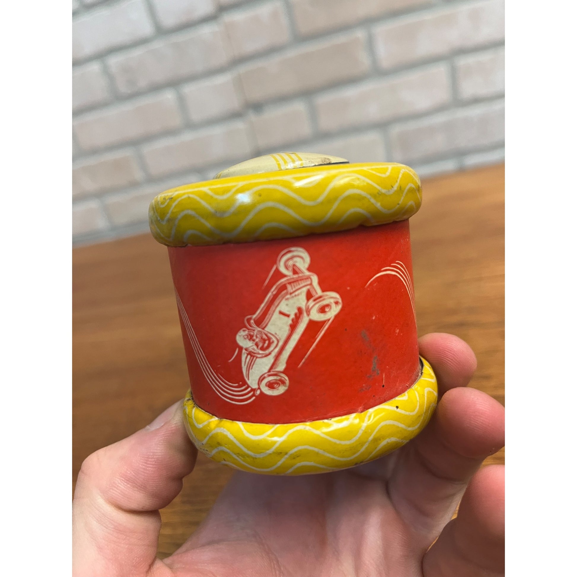 Vintage Tin Litho CUM-BAC toy "Roll it Away See it Cum-Bac" Rae Car Toy