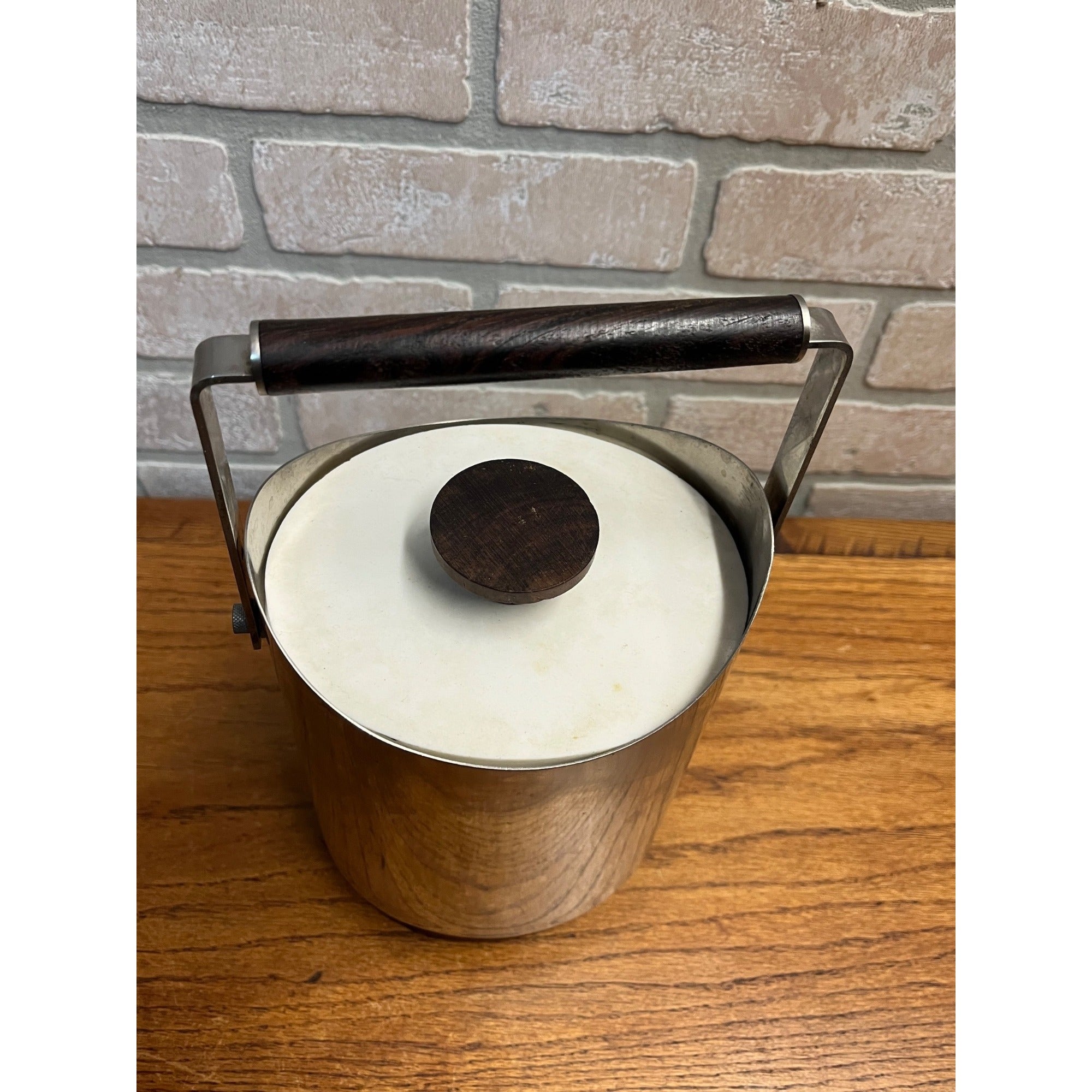 Vintage 1960s Ekco Stainless Steel Teak Wood Covered Ice Bucket MCM Danish