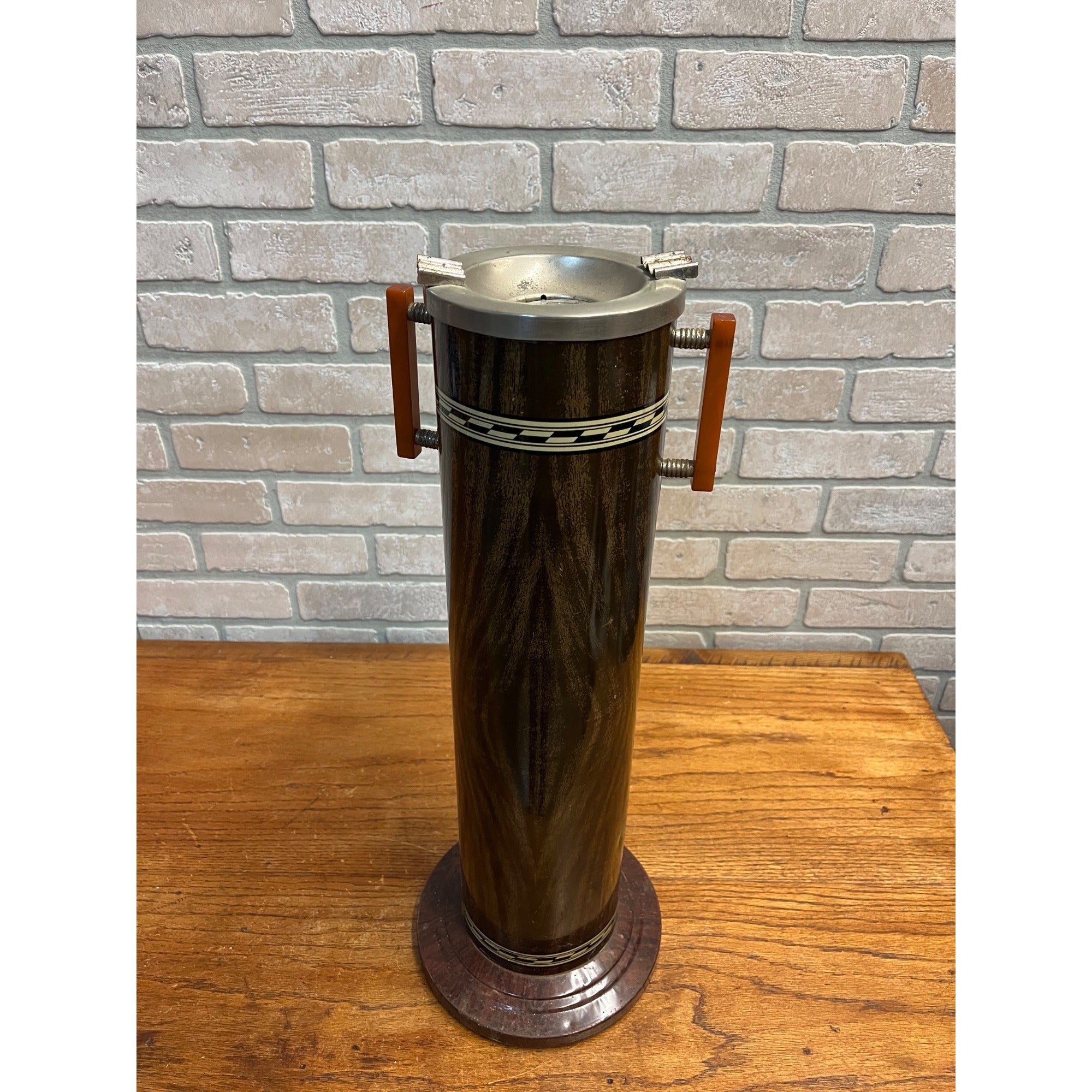 Vintage Brown Tin Litho Metal Smoking Stand Ashtray w/ Bakelite Handles Art Deco