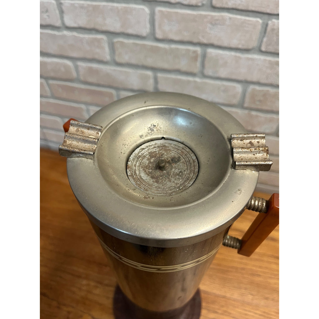 Vintage Brown Tin Litho Metal Smoking Stand Ashtray w/ Bakelite Handles Art Deco