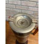 Vintage Brown Tin Litho Metal Smoking Stand Ashtray w/ Bakelite Handles Art Deco