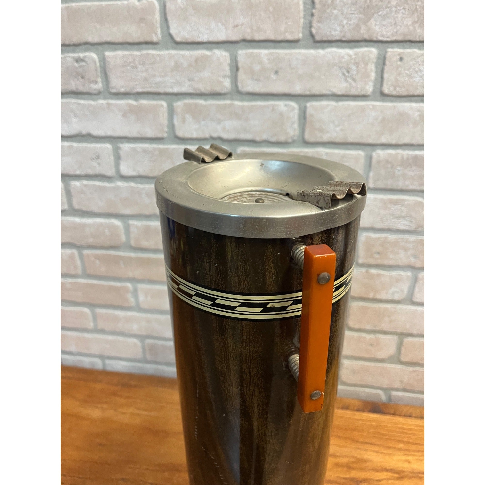 Vintage Brown Tin Litho Metal Smoking Stand Ashtray w/ Bakelite Handles Art Deco