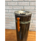 Vintage Brown Tin Litho Metal Smoking Stand Ashtray w/ Bakelite Handles Art Deco