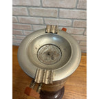 Vintage Brown Tin Litho Metal Smoking Stand Ashtray w/ Bakelite Handles Art Deco