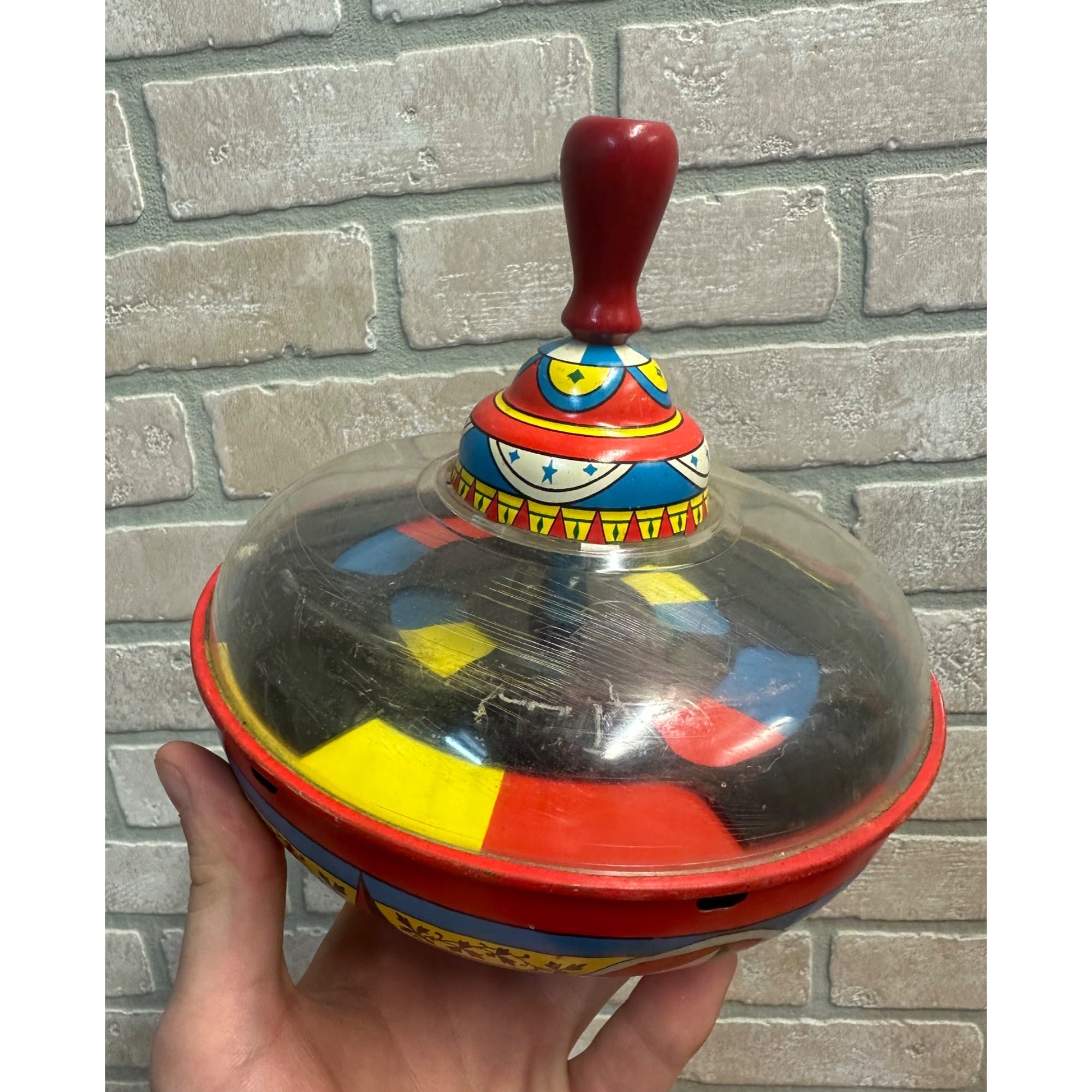 Antique Spinning Top Ohio Art Tin Litho Toy Multi-Color Swirl Whirl