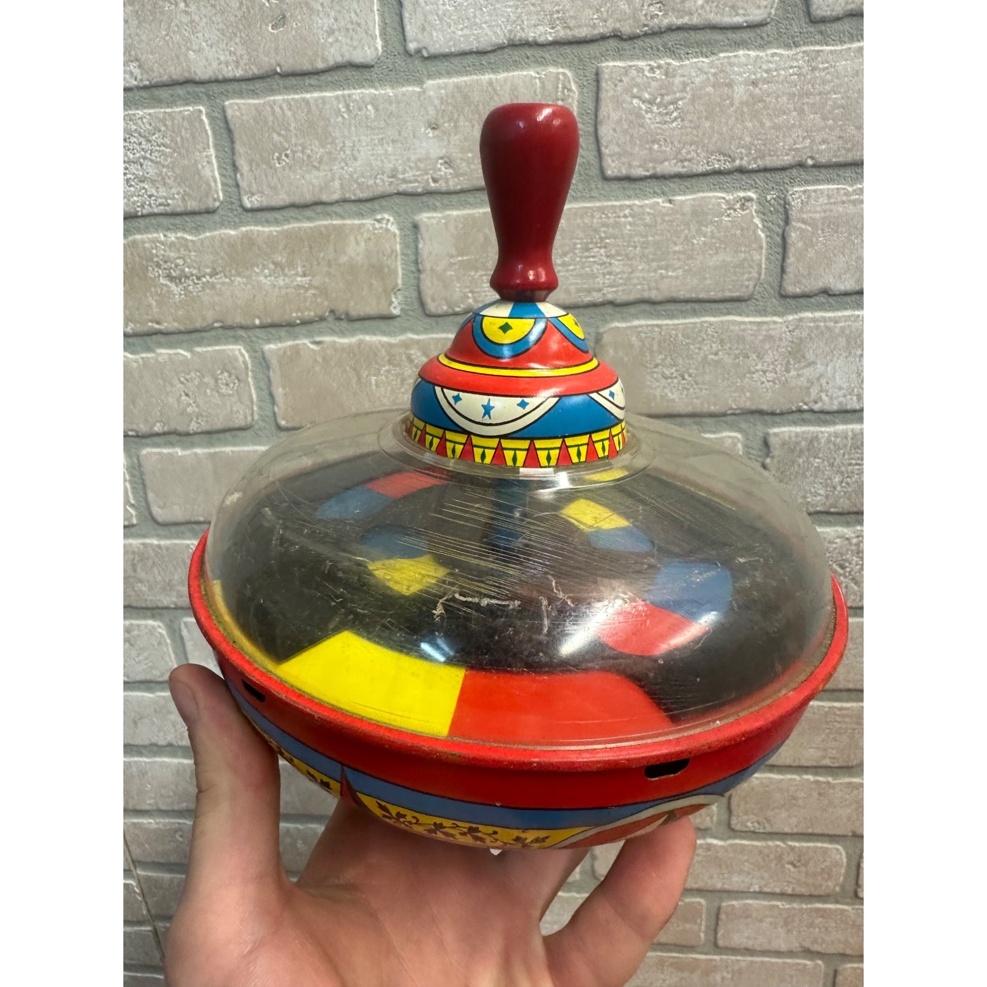 Antique Spinning Top Ohio Art Tin Litho Toy Multi-Color Swirl Whirl