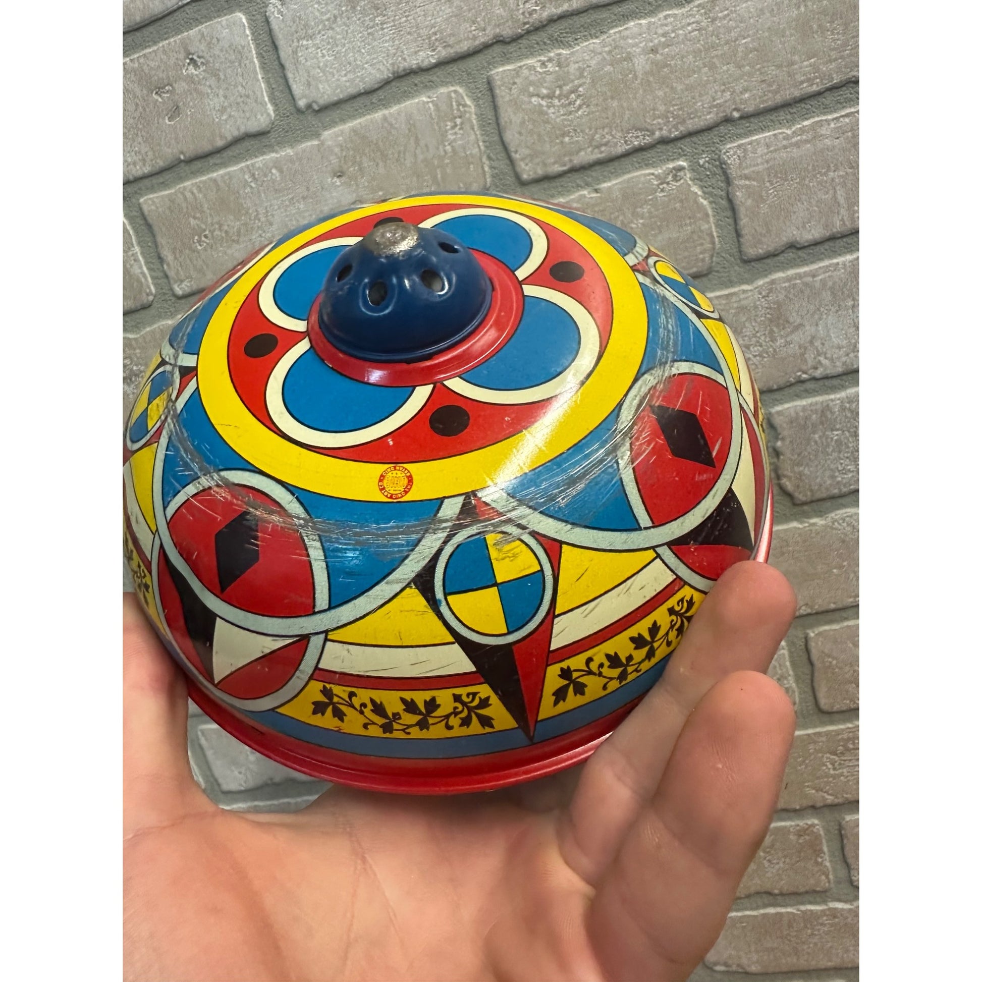 Antique Spinning Top Ohio Art Tin Litho Toy Multi-Color Swirl Whirl