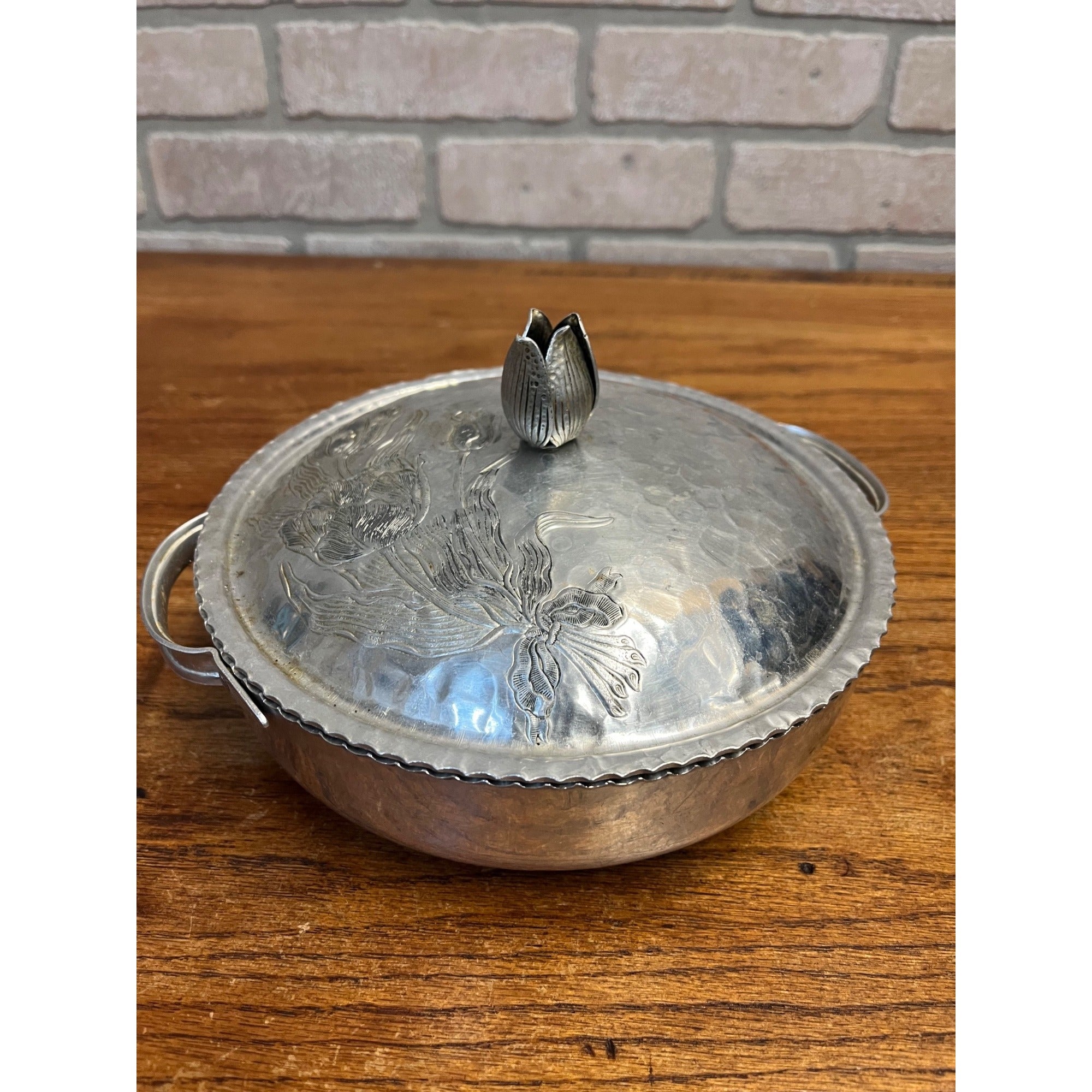 Vintage Aluminum Covered Dish Flower Hammered