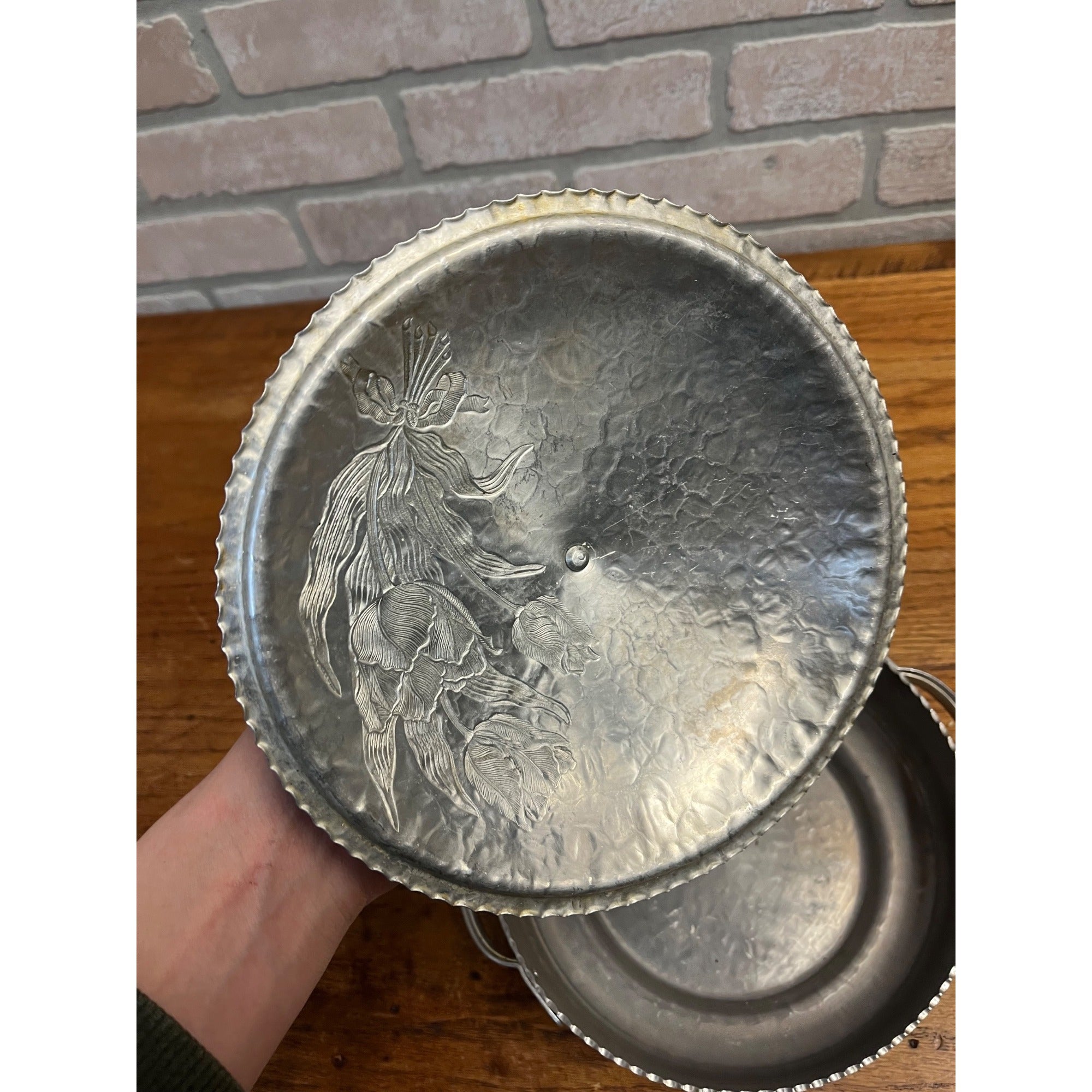 Vintage Aluminum Covered Dish Flower Hammered