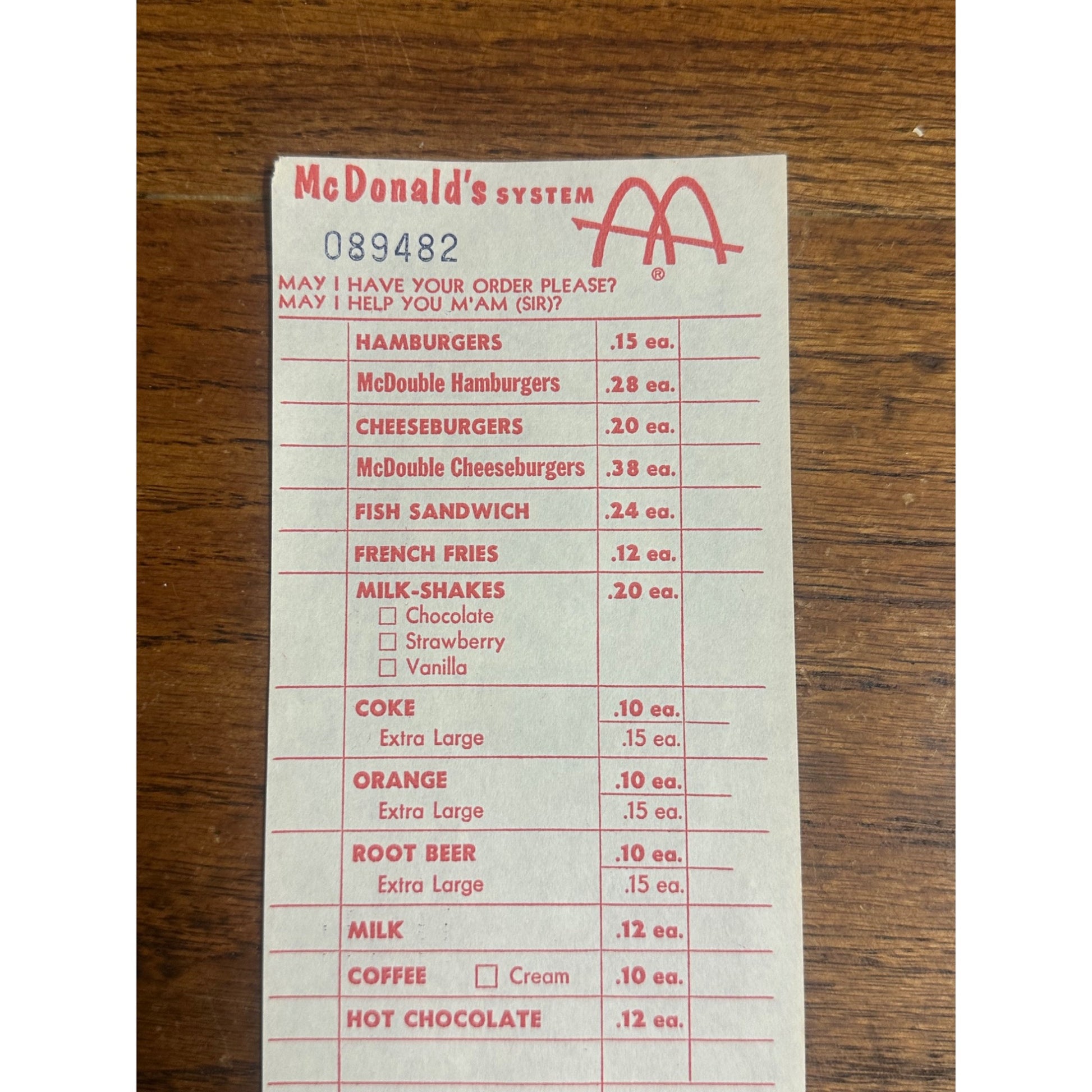 RARE Vintage 1960s McDonalds System Food Order Paper Receipt Slash M Logo