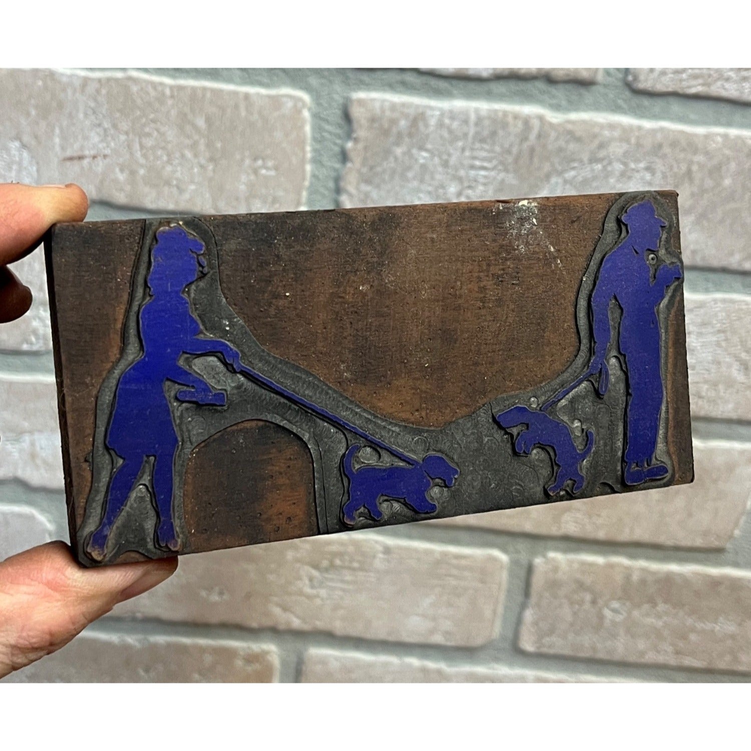 Vintage Letterpress Printing Block Man & Woman Walking Dogs Typeset Stamp