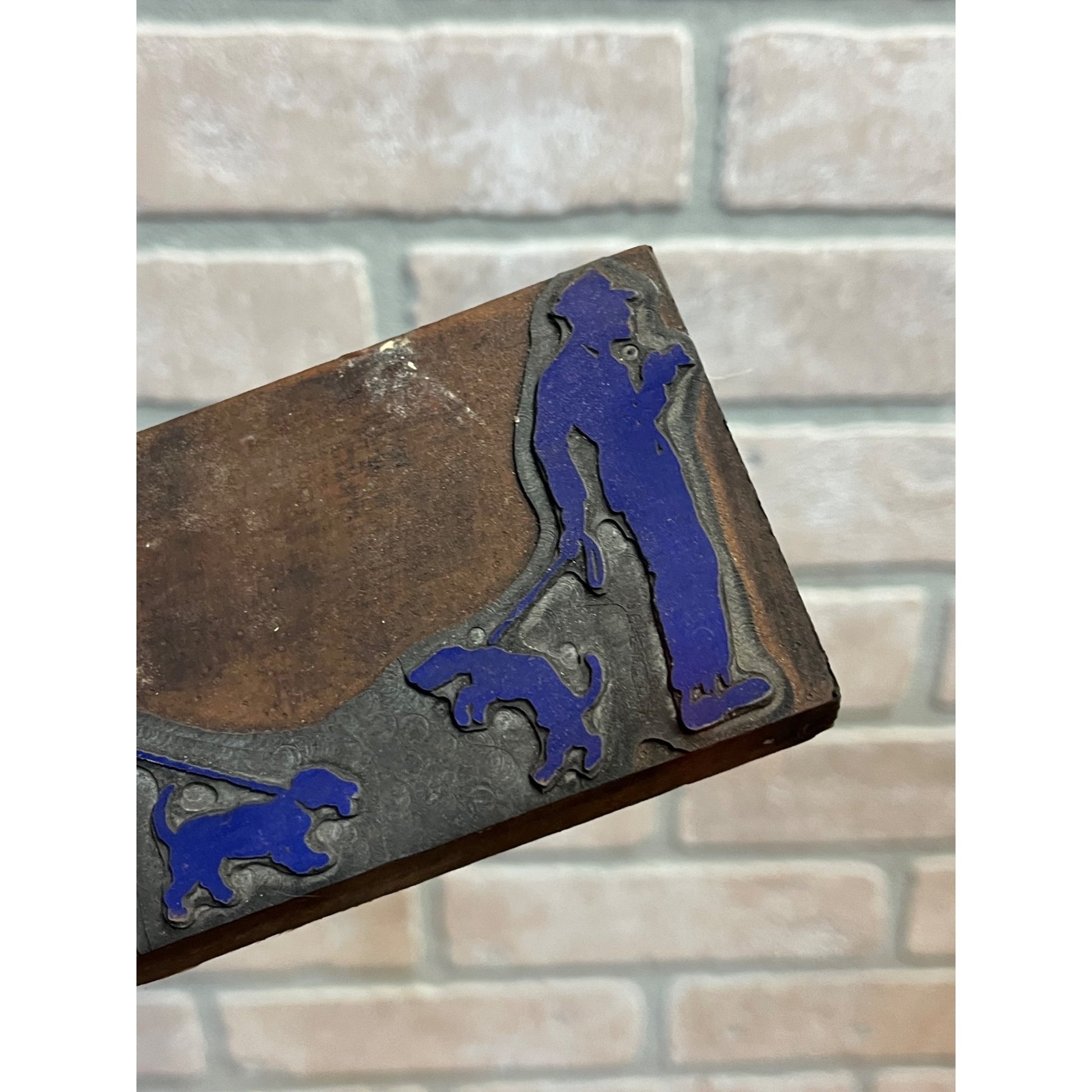 Vintage Letterpress Printing Block Man & Woman Walking Dogs Typeset Stamp