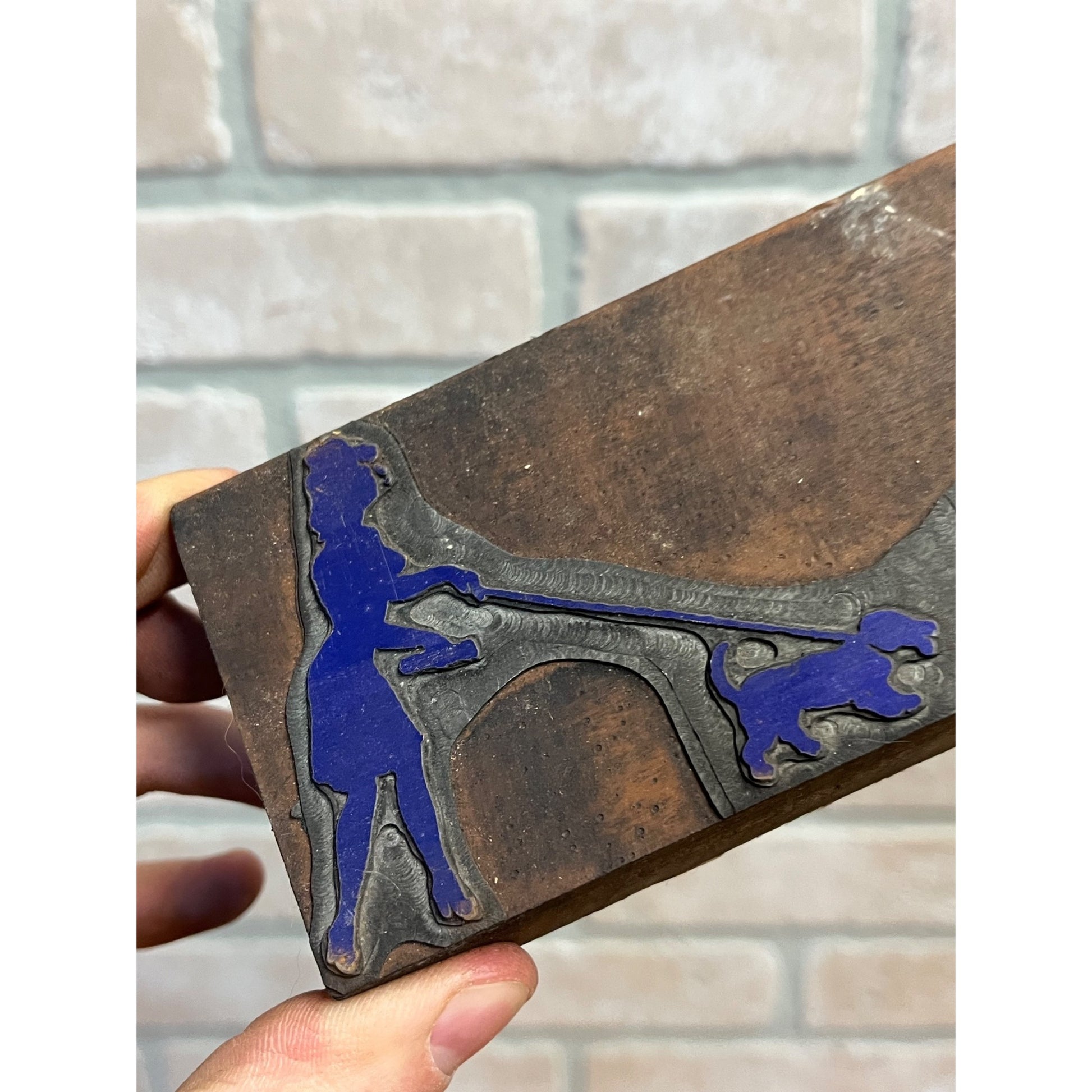 Vintage Letterpress Printing Block Man & Woman Walking Dogs Typeset Stamp