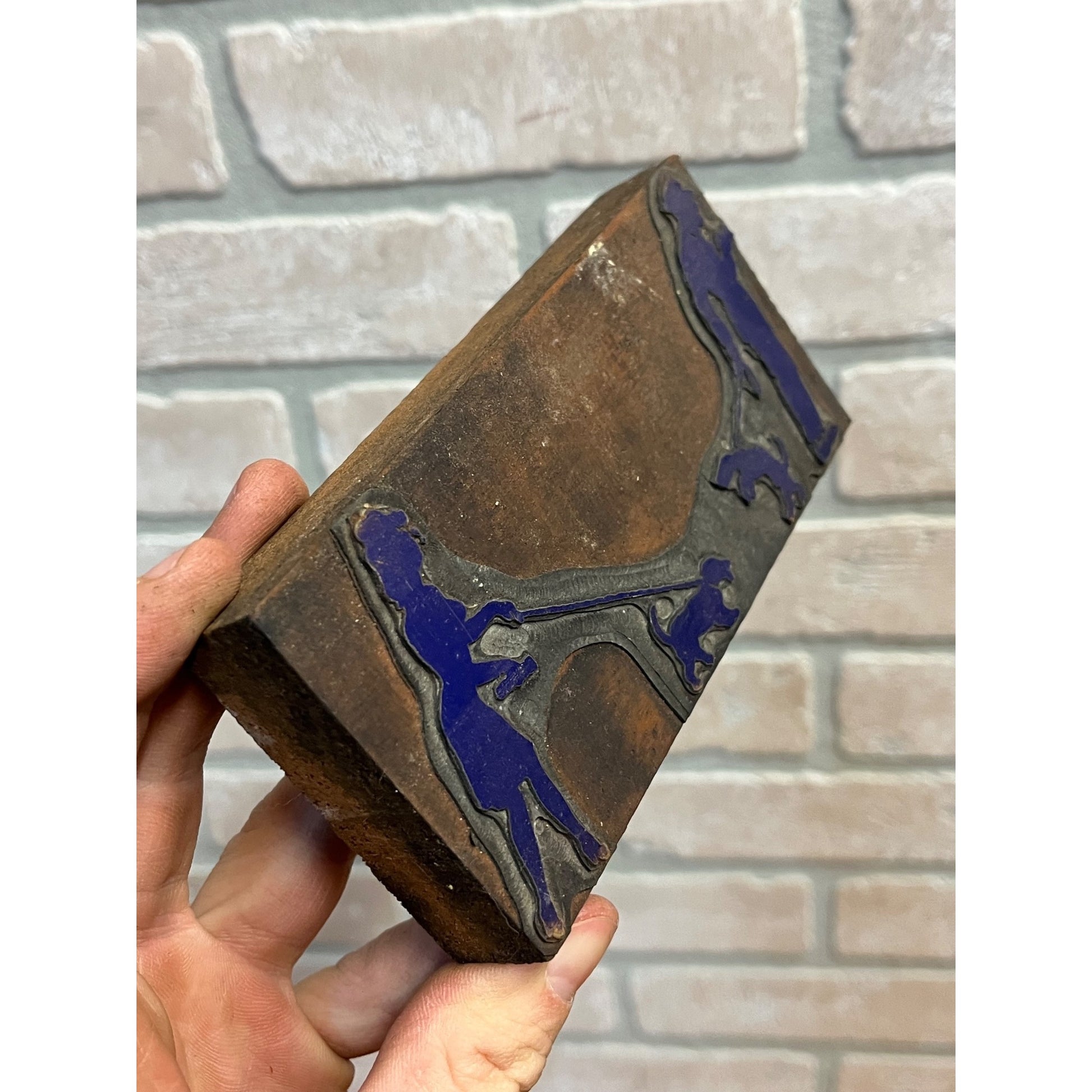 Vintage Letterpress Printing Block Man & Woman Walking Dogs Typeset Stamp