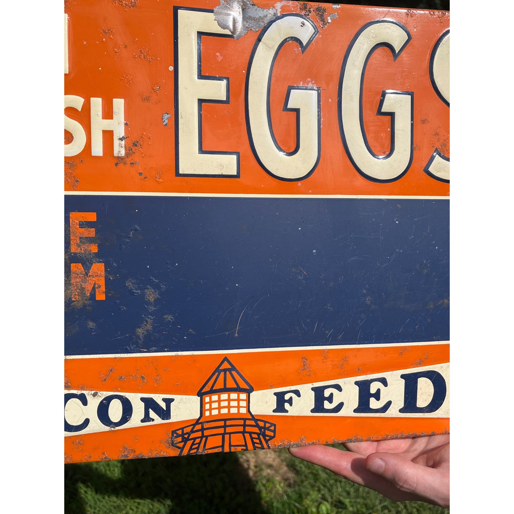 Vintage 1950s Original Beacon Feeds Fresh Eggs Farm Metal Sign