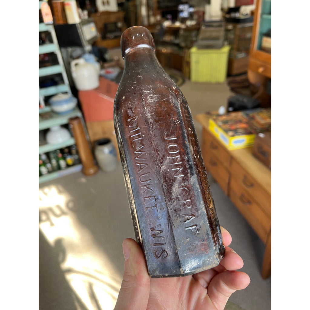 John Graf c1880s Milwaukee Wis Amber Brown Panel Soda Bottle Blob Top