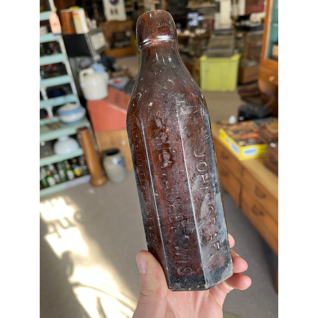 John Graf c1880s Milwaukee Wis Amber Brown Panel Soda Bottle Blob Top