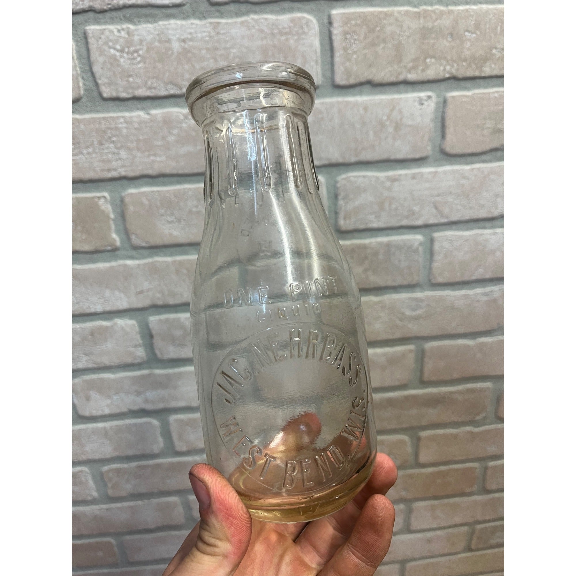 Vintage Jac Nehrbass One Pint Glass Milk Dairy Bottle West Bend, Wisconsin WI