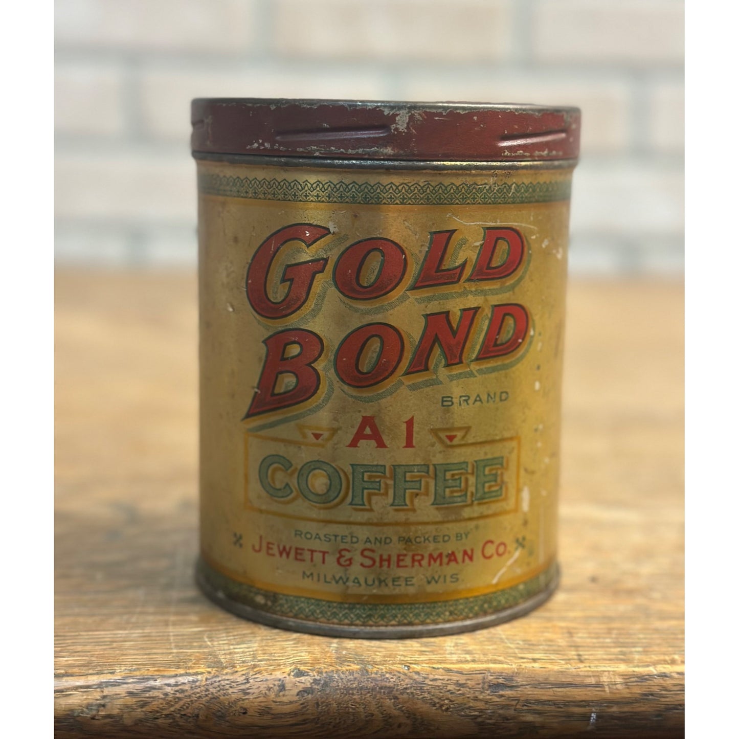 Vintage 1930s Gold Bond A1 Coffee 1lb Tin Can Jewett & Sherman Milwaukee WI