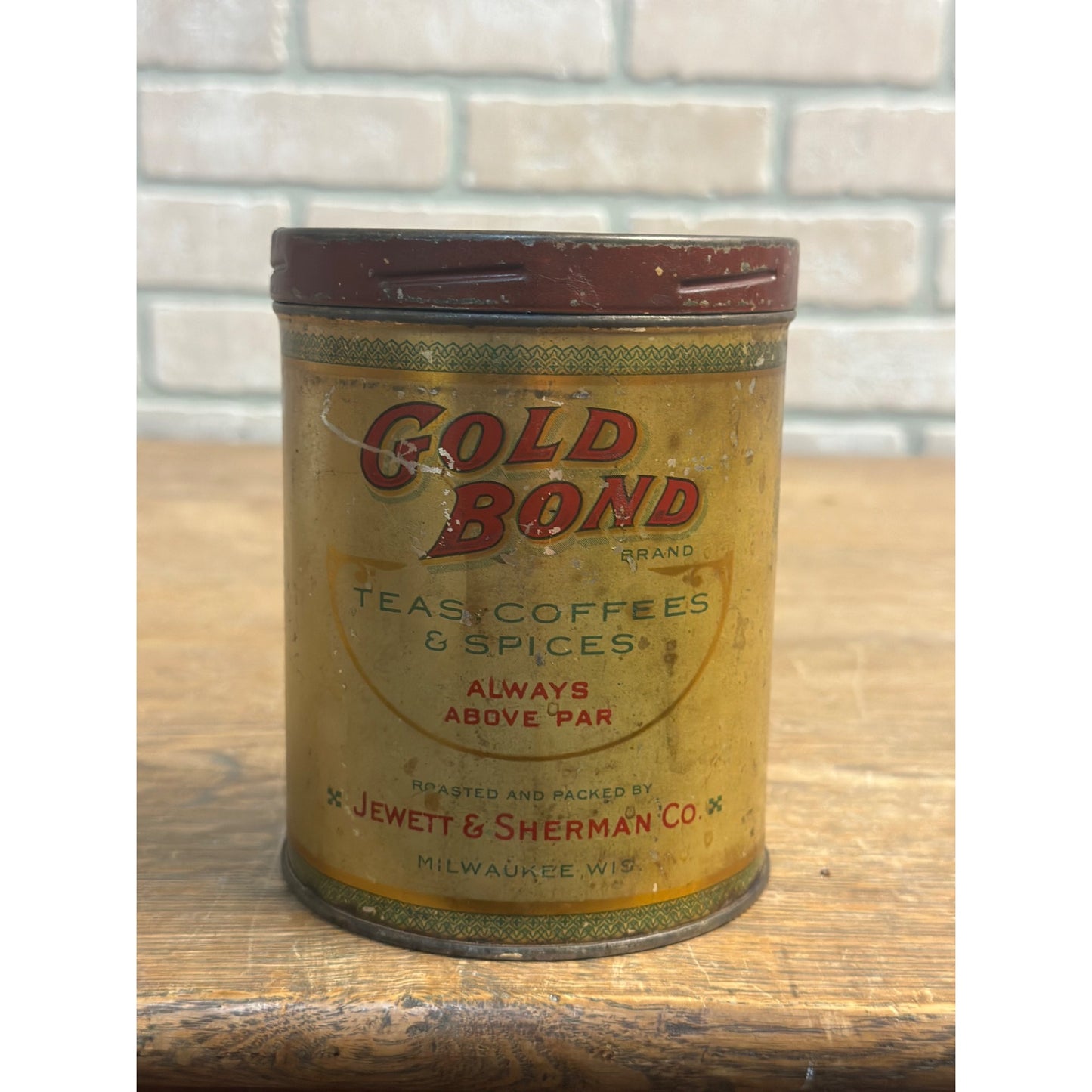 Vintage 1930s Gold Bond A1 Coffee 1lb Tin Can Jewett & Sherman Milwaukee WI