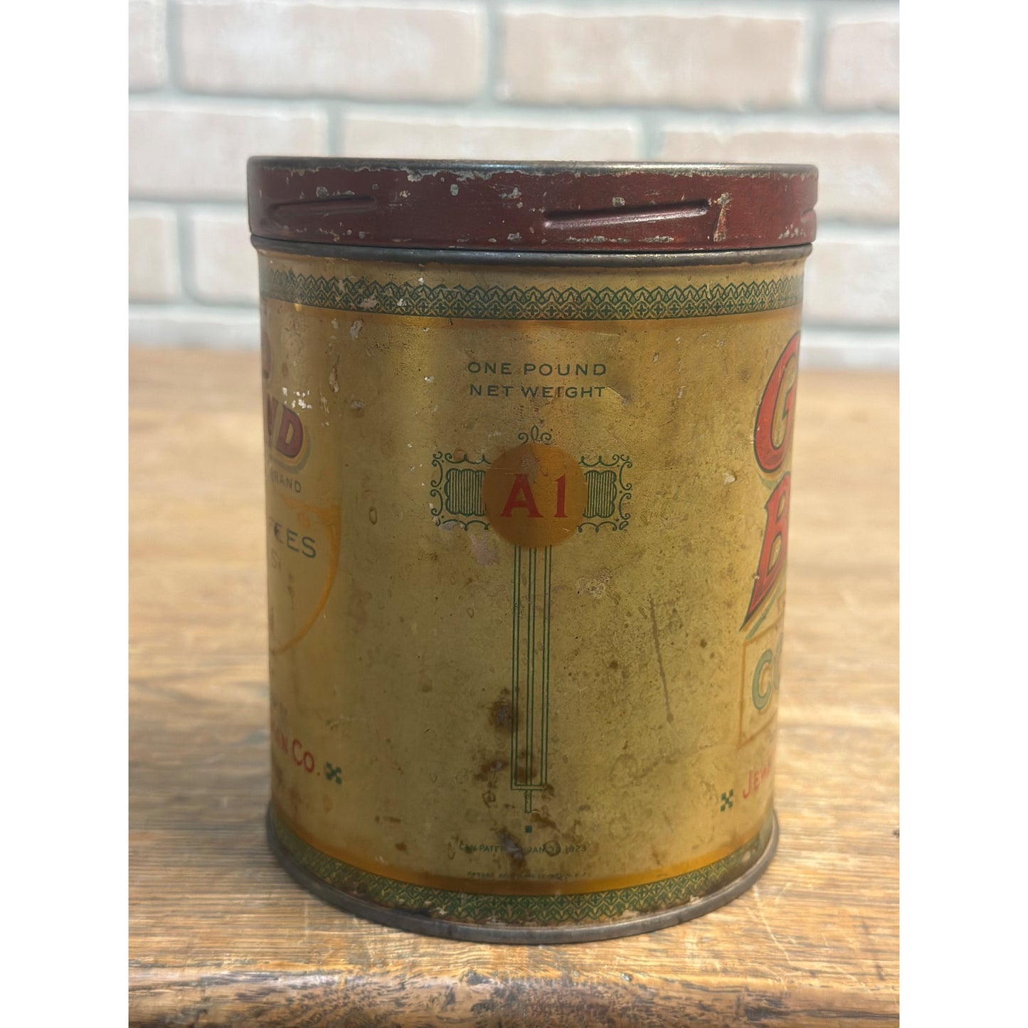 Vintage 1930s Gold Bond A1 Coffee 1lb Tin Can Jewett & Sherman Milwaukee WI