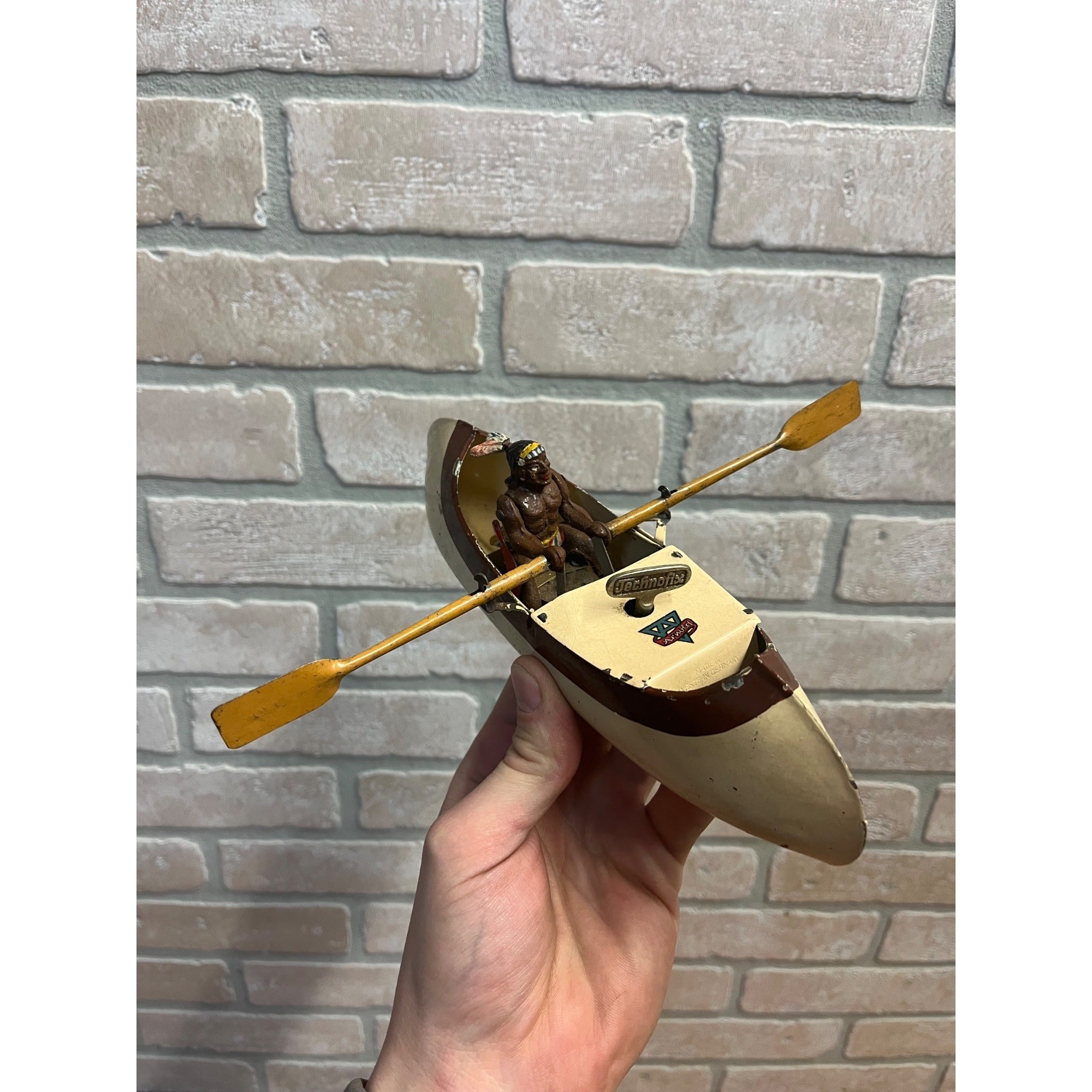 RARE Vintage Arnold Native American Indian Rowing Canoe Windup Clockwork Toy