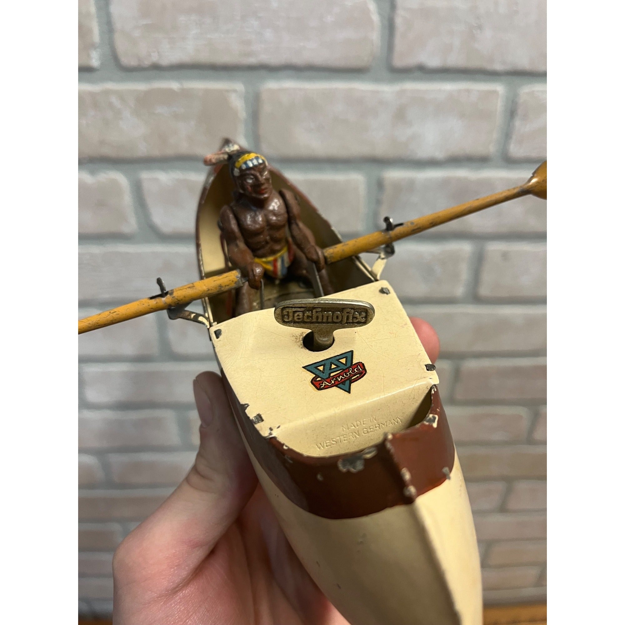 RARE Vintage Arnold Native American Indian Rowing Canoe Windup Clockwork Toy