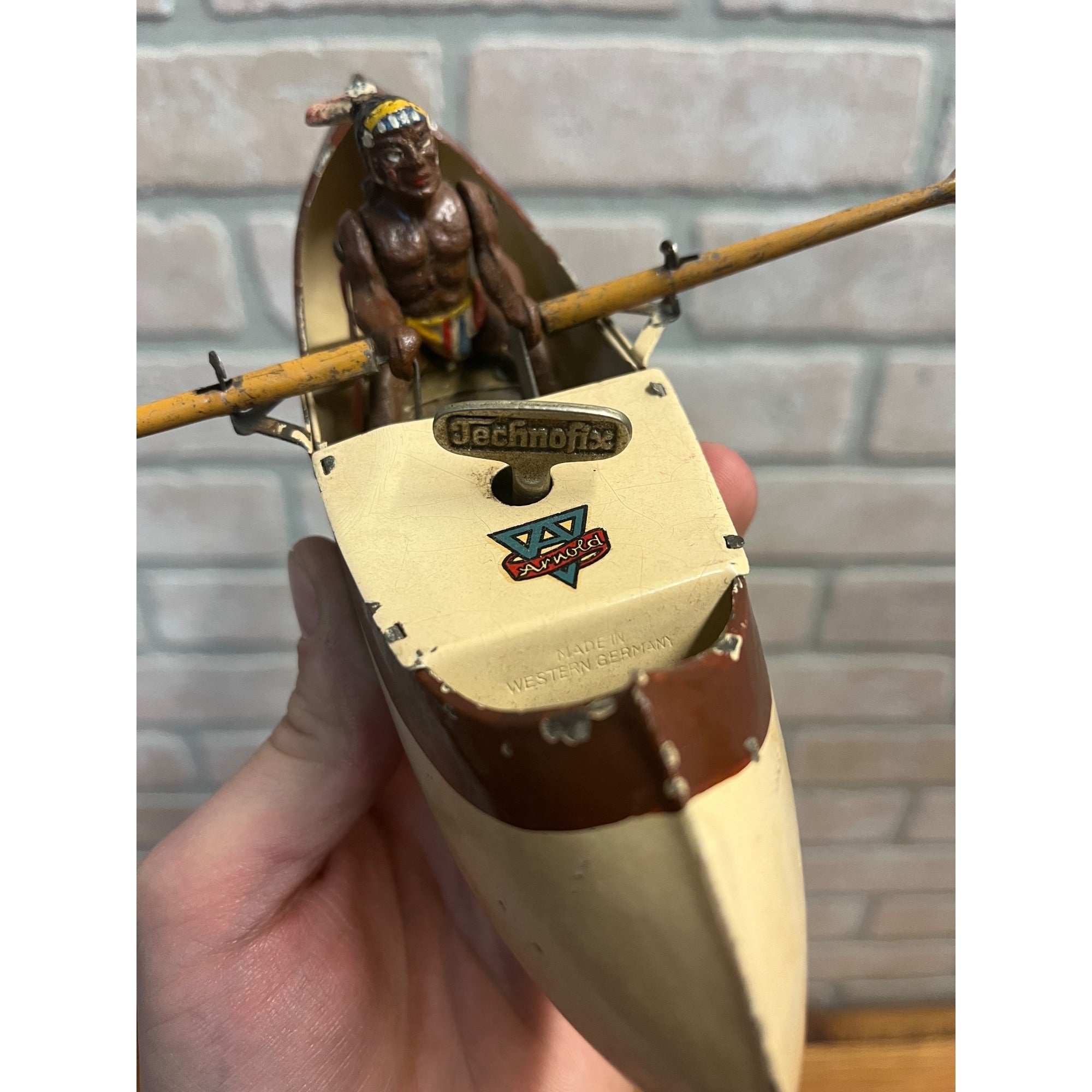 RARE Vintage Arnold Native American Indian Rowing Canoe Windup Clockwork Toy