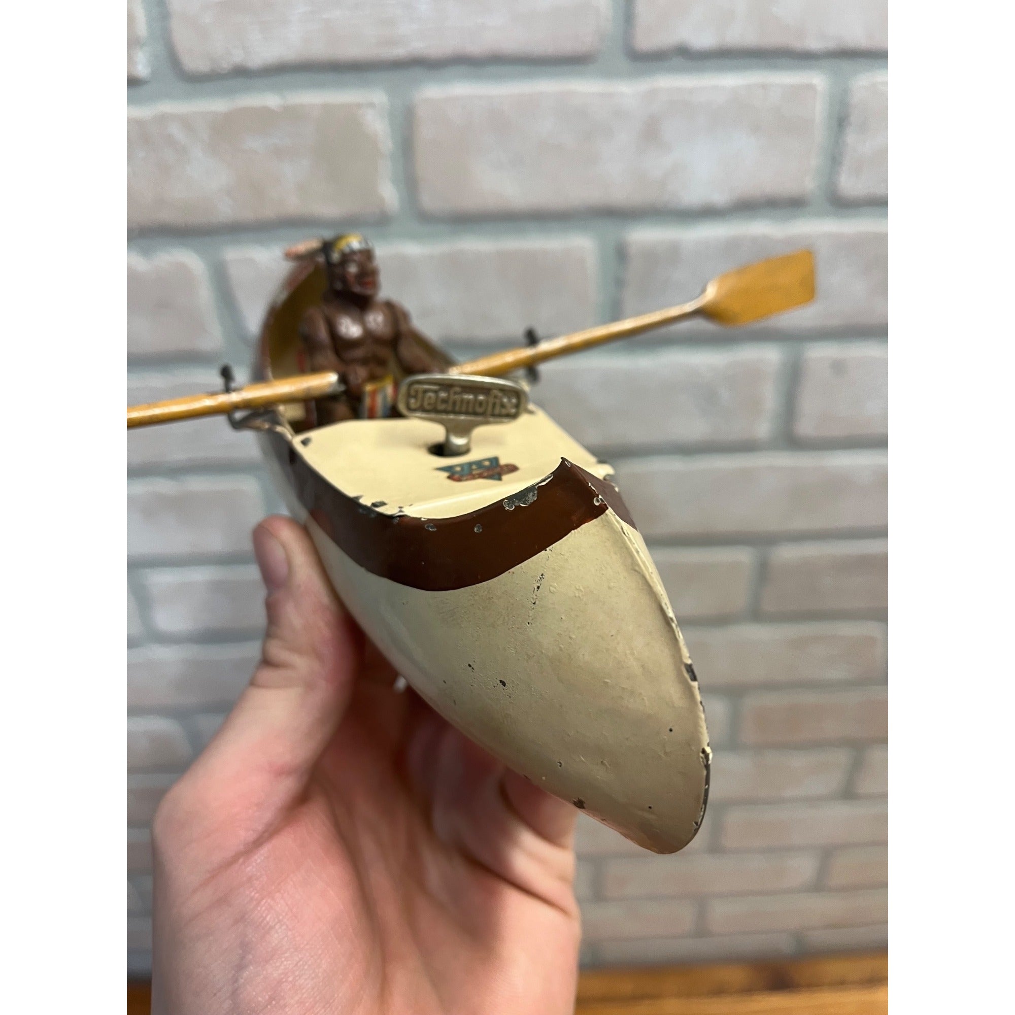 RARE Vintage Arnold Native American Indian Rowing Canoe Windup Clockwork Toy