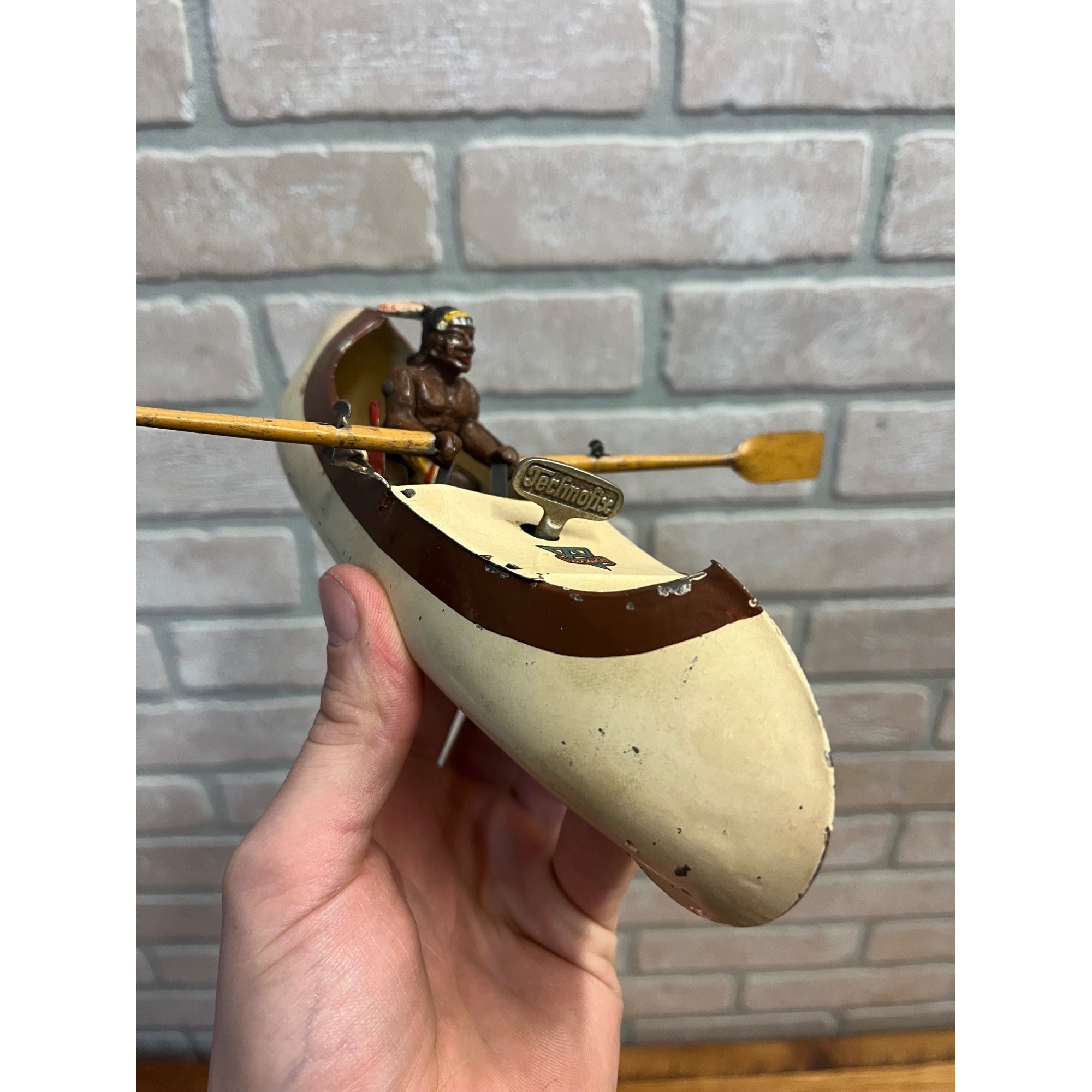 RARE Vintage Arnold Native American Indian Rowing Canoe Windup Clockwork Toy