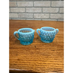 Vintage Fenton Opalescent Hobnail Sugar and Creamer Set Blue Moonstone Glass