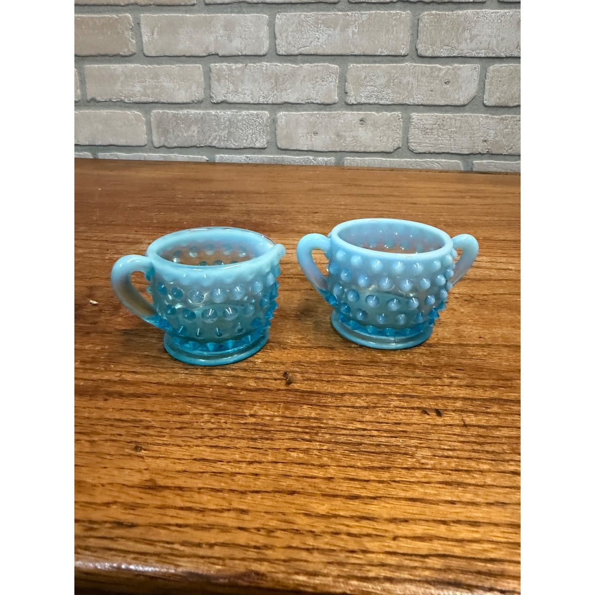 Vintage Fenton Opalescent Hobnail Sugar and Creamer Set Blue Moonstone Glass