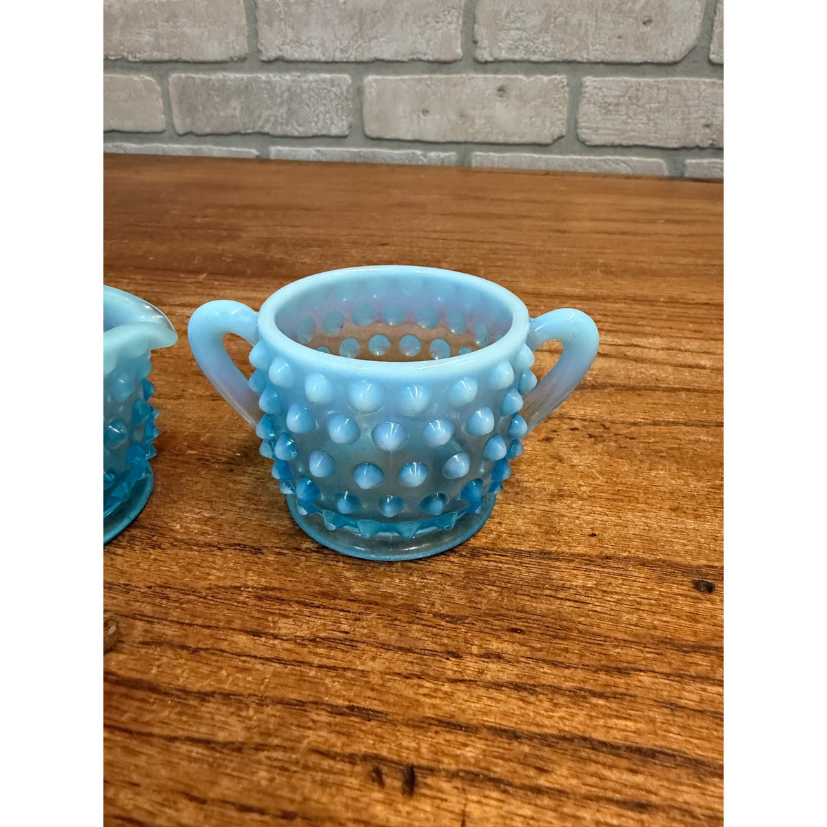 Vintage Fenton Opalescent Hobnail Sugar and Creamer Set Blue Moonstone Glass