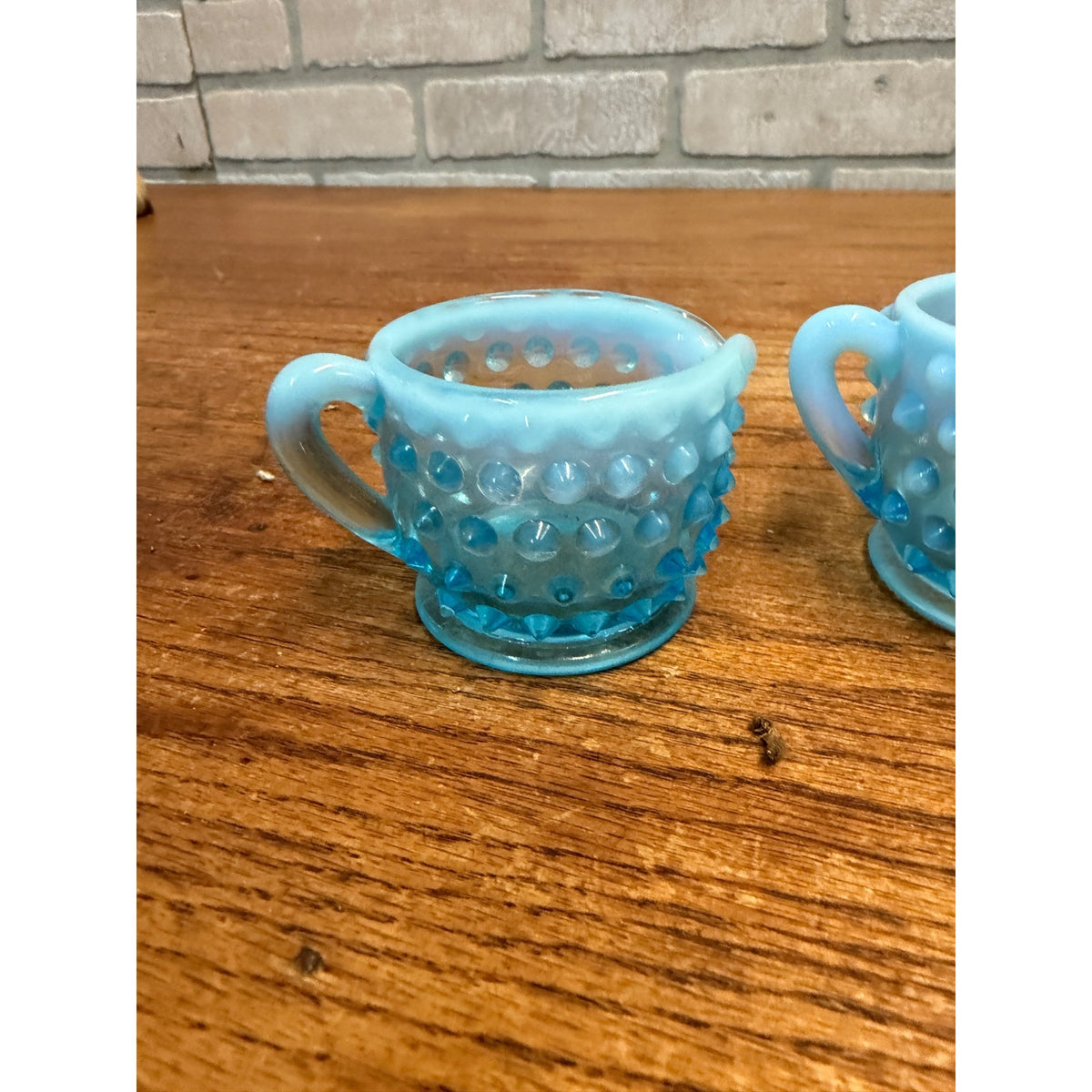 Vintage Fenton Opalescent Hobnail Sugar and Creamer Set Blue Moonstone Glass
