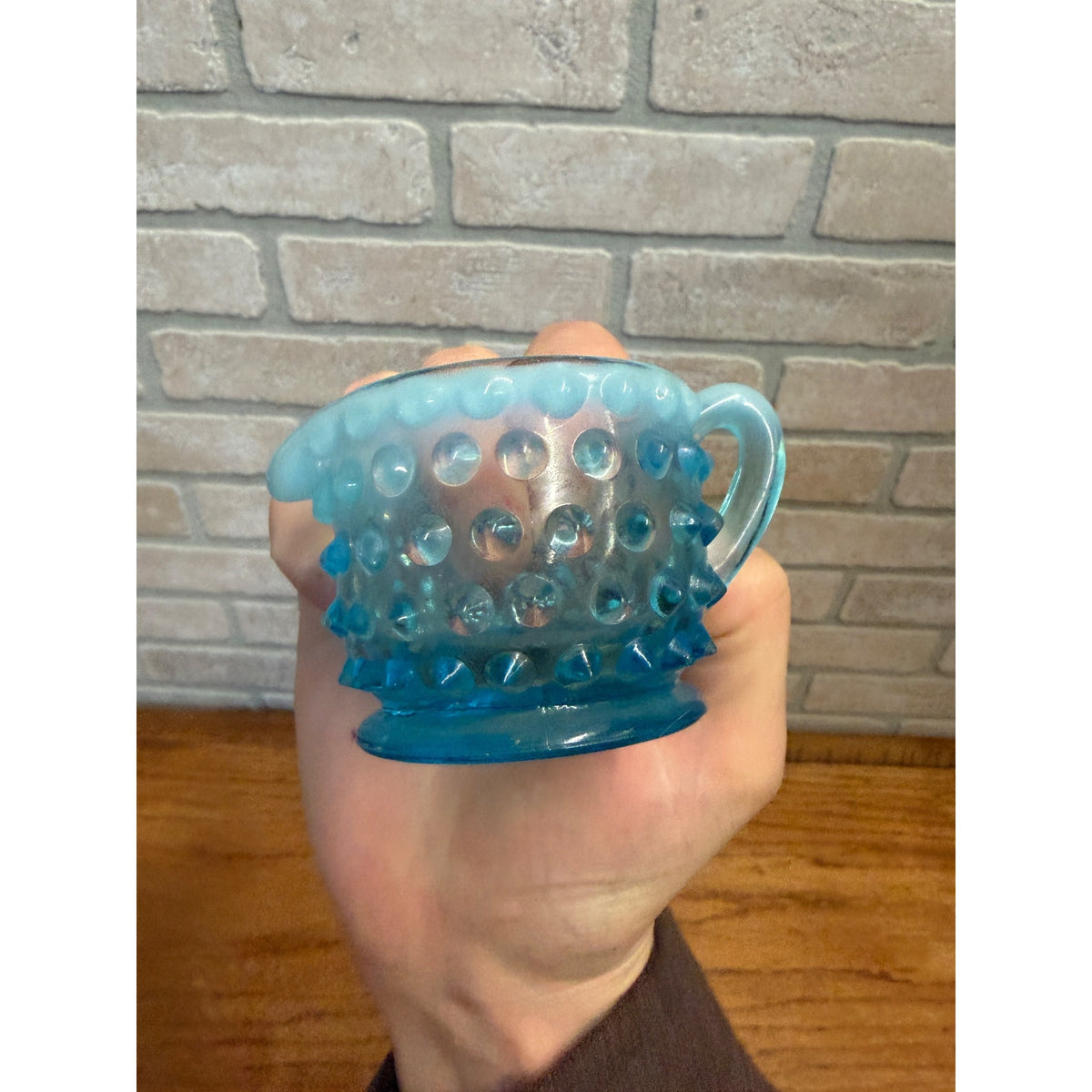 Vintage Fenton Opalescent Hobnail Sugar and Creamer Set Blue Moonstone Glass